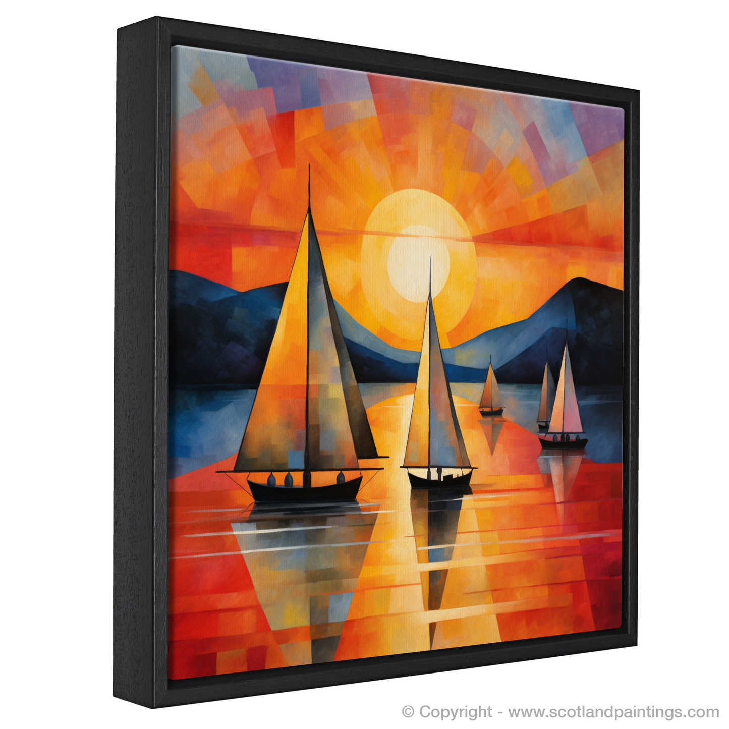 Painting and Art Print of Sailing boats on Loch Lomond at sunset entitled "Sailing into the Sunset: A Cubist Tribute to Loch Lomond".