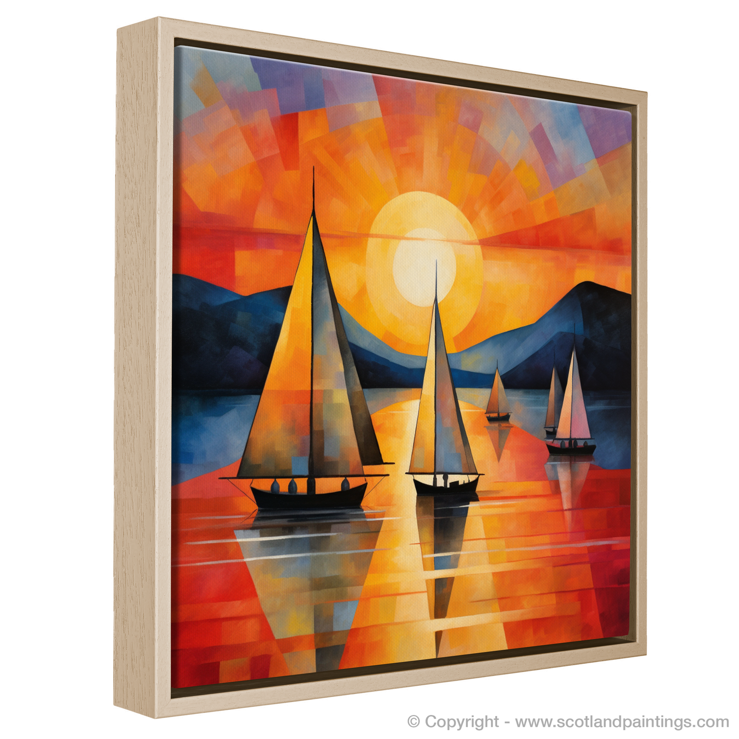 Painting and Art Print of Sailing boats on Loch Lomond at sunset entitled "Sailing into the Sunset: A Cubist Tribute to Loch Lomond".