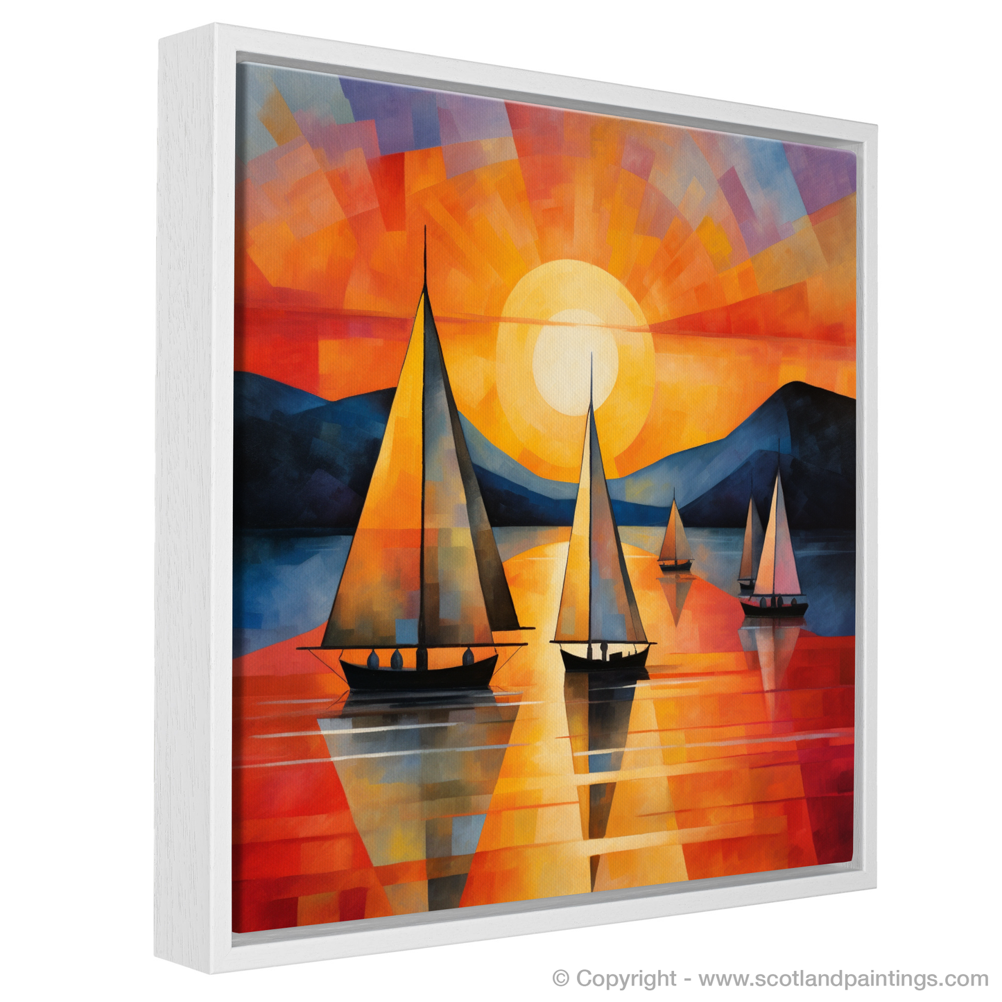 Painting and Art Print of Sailing boats on Loch Lomond at sunset entitled "Sailing into the Sunset: A Cubist Tribute to Loch Lomond".