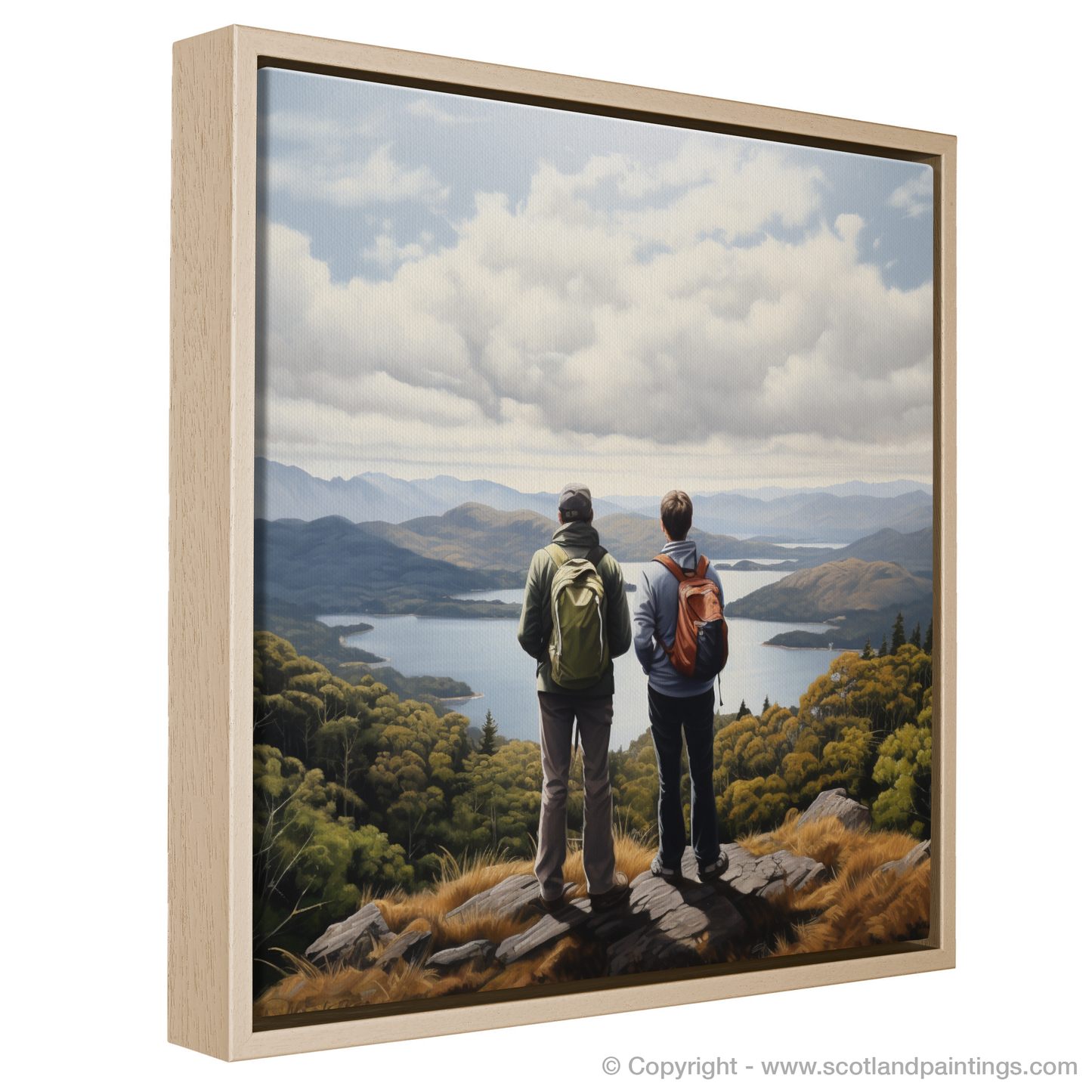 Painting and Art Print of Two hikers looking out on Loch Lomond entitled "Highland Contemplation: Two Hikers and the Serenity of Loch Lomond".