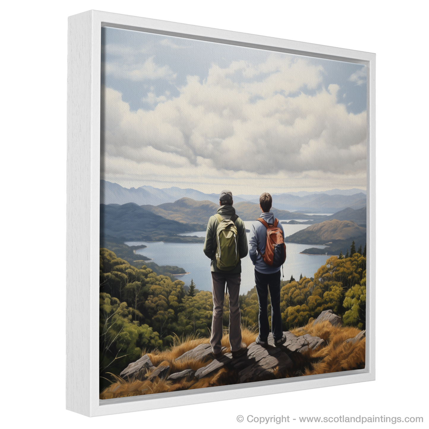 Painting and Art Print of Two hikers looking out on Loch Lomond entitled "Highland Contemplation: Two Hikers and the Serenity of Loch Lomond".
