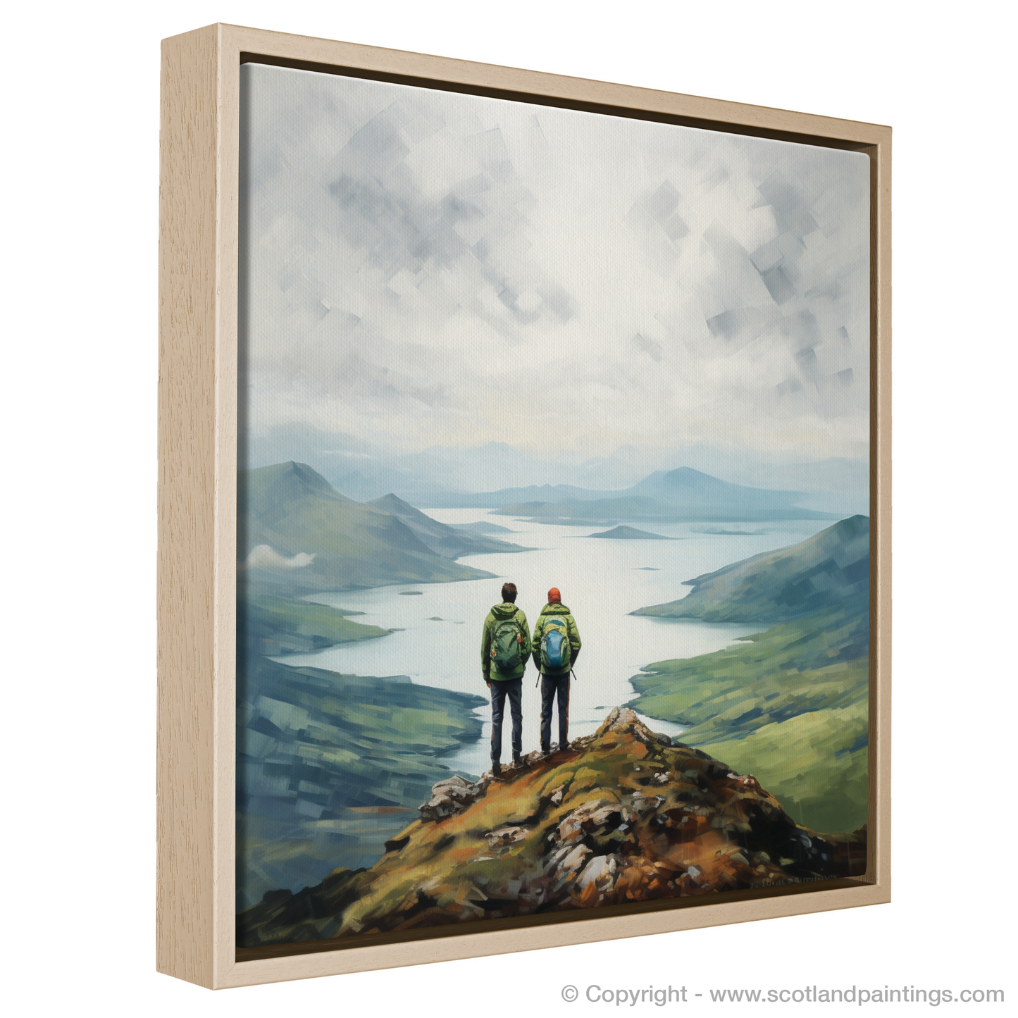 Painting and Art Print of Two hikers looking out on Loch Lomond entitled "Highland Companions: Contemplation at Loch Lomond".