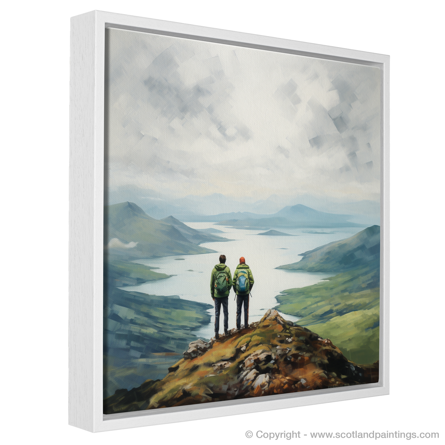 Painting and Art Print of Two hikers looking out on Loch Lomond entitled "Highland Companions: Contemplation at Loch Lomond".