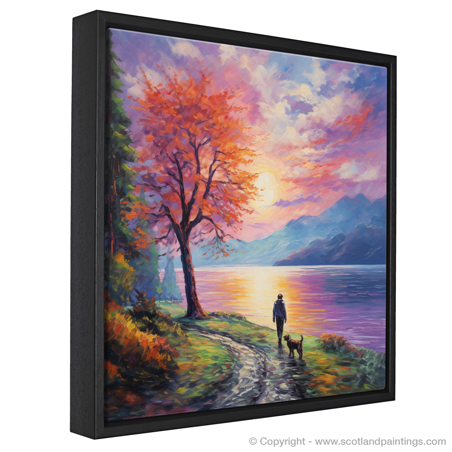 Painting and Art Print of A man walking dog at the side of Loch Lomond entitled "A Stroll by Loch Lomond: An Impressionist Tribute to Nature's Splendour".