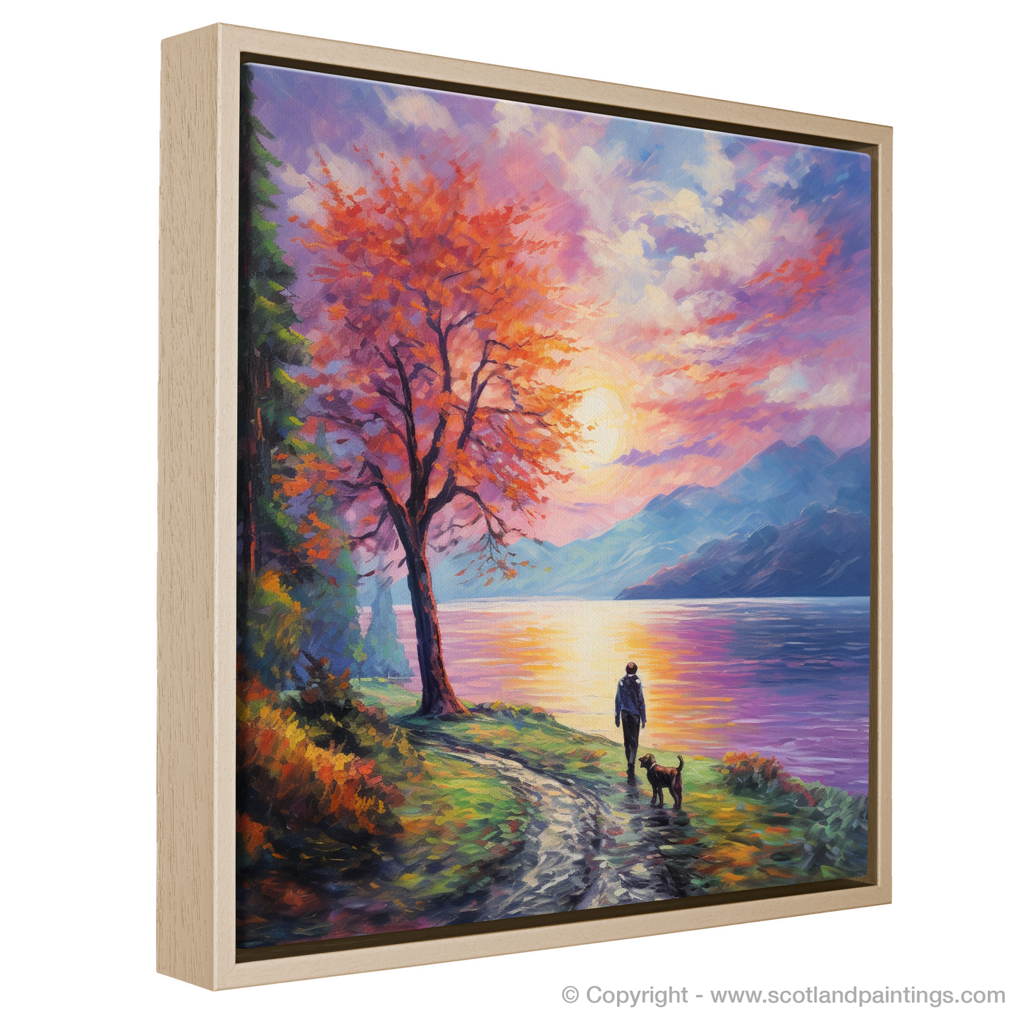 Painting and Art Print of A man walking dog at the side of Loch Lomond entitled "A Stroll by Loch Lomond: An Impressionist Tribute to Nature's Splendour".