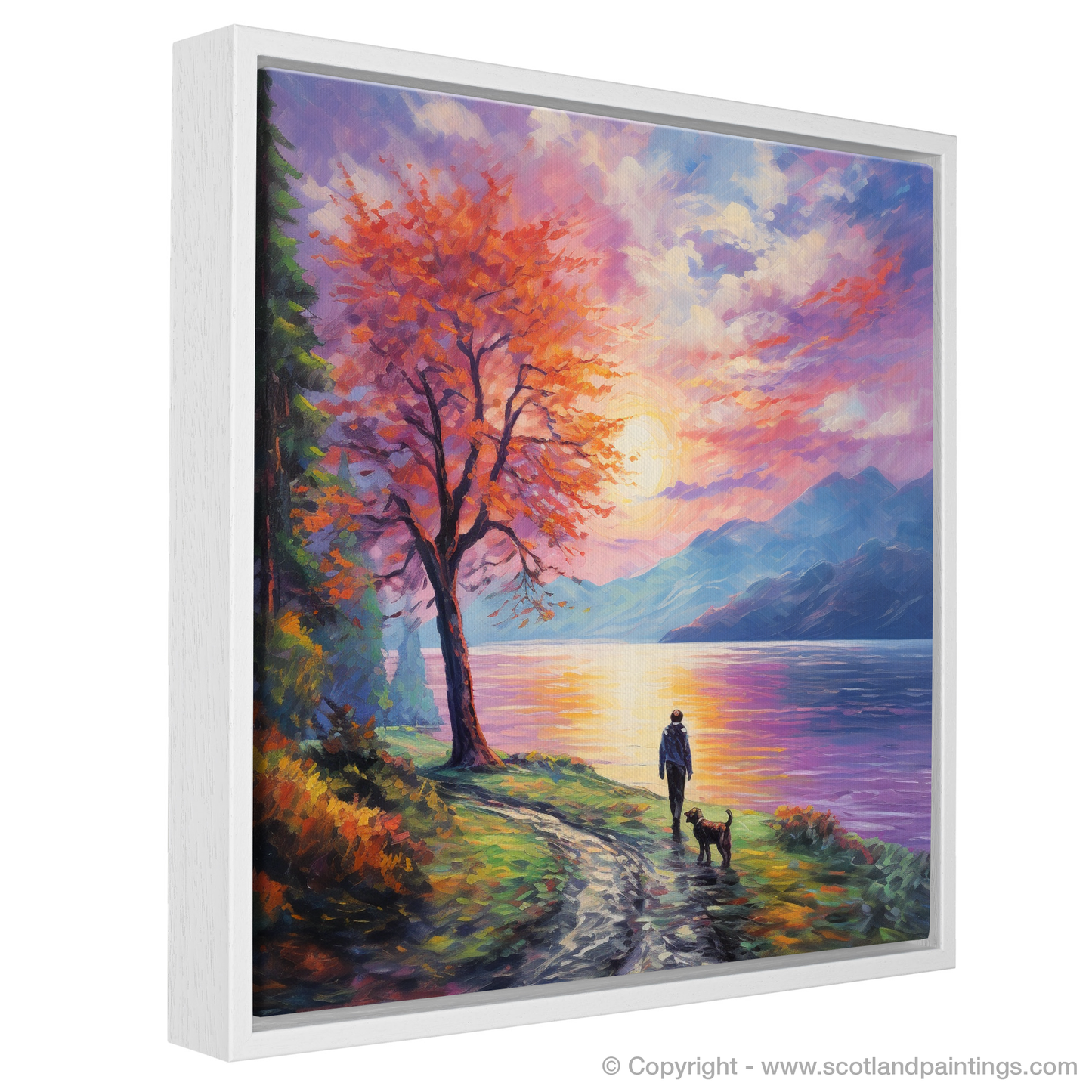 Painting and Art Print of A man walking dog at the side of Loch Lomond entitled "A Stroll by Loch Lomond: An Impressionist Tribute to Nature's Splendour".