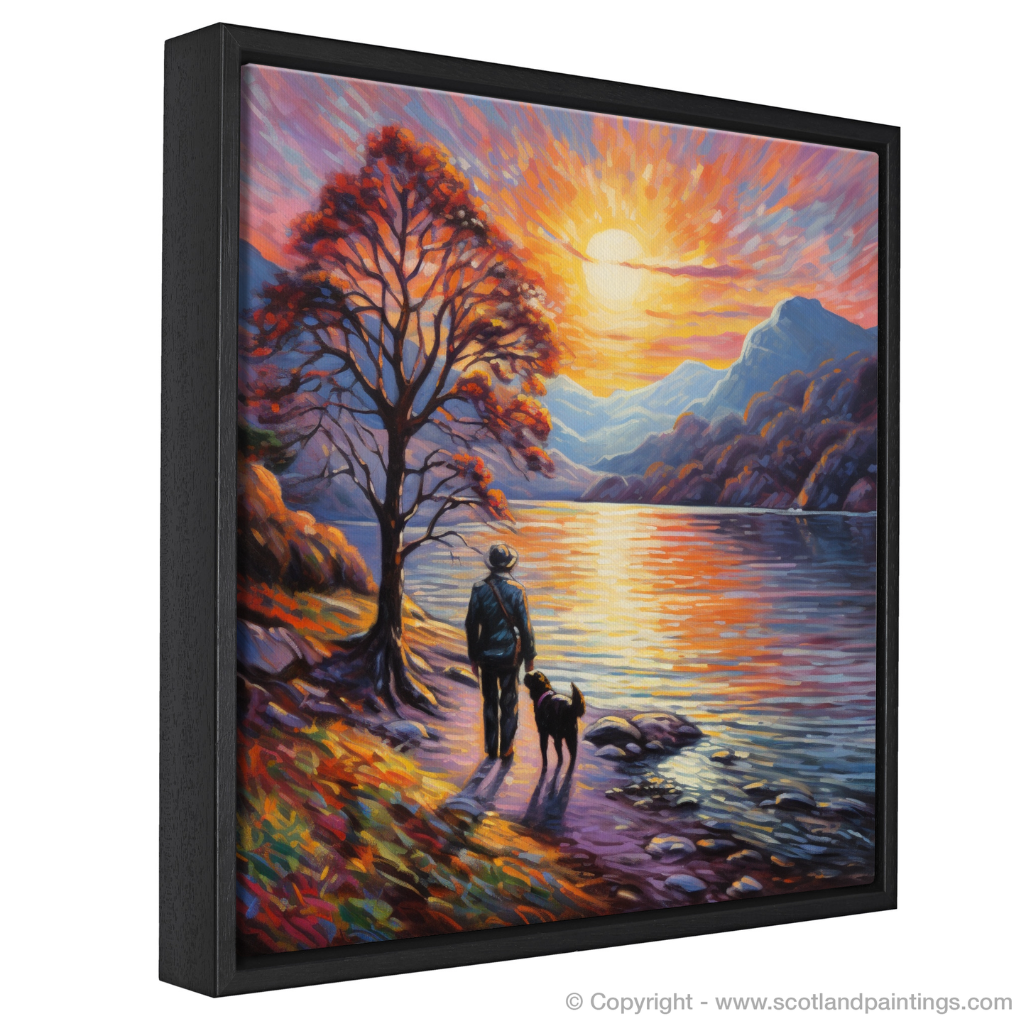 Painting and Art Print of A man walking dog at the side of Loch Lomond entitled "Strolling with Serenity at Sunset on Loch Lomond".