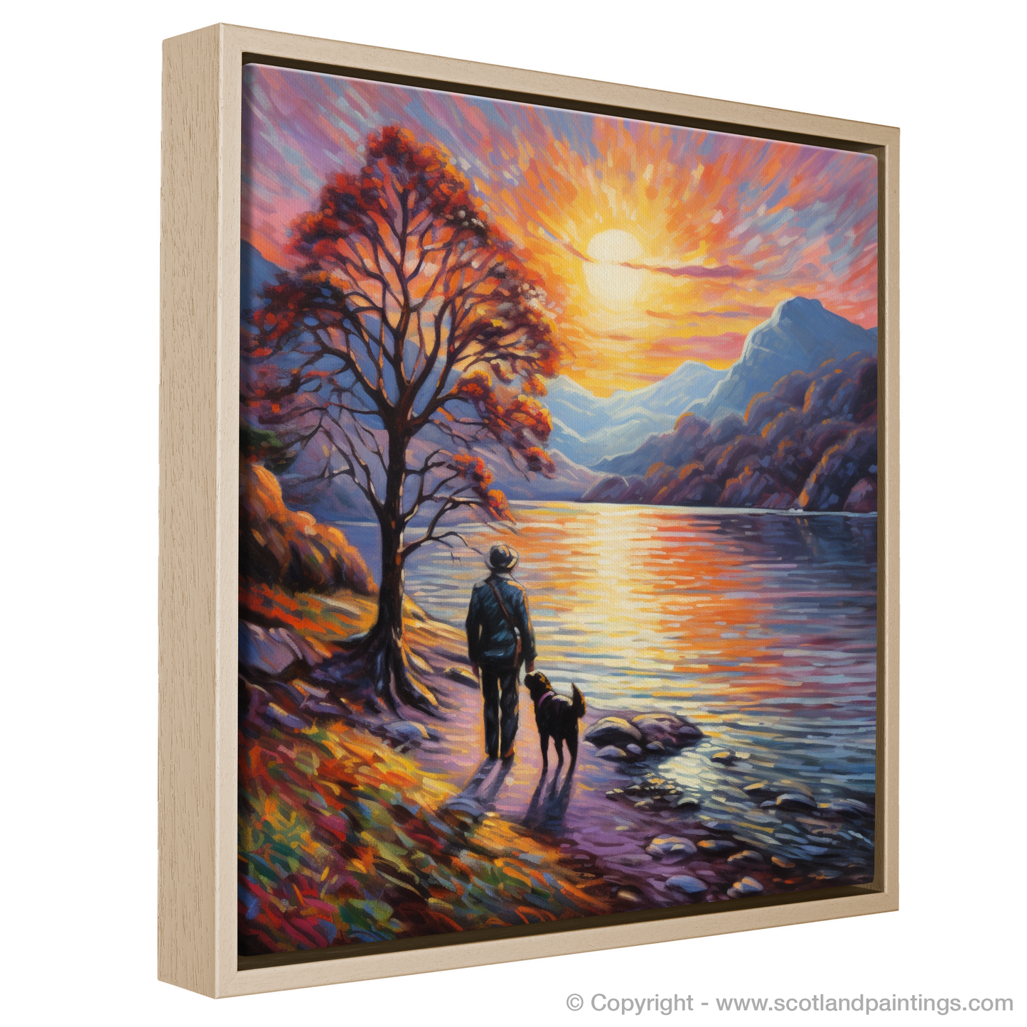 Painting and Art Print of A man walking dog at the side of Loch Lomond entitled "Strolling with Serenity at Sunset on Loch Lomond".