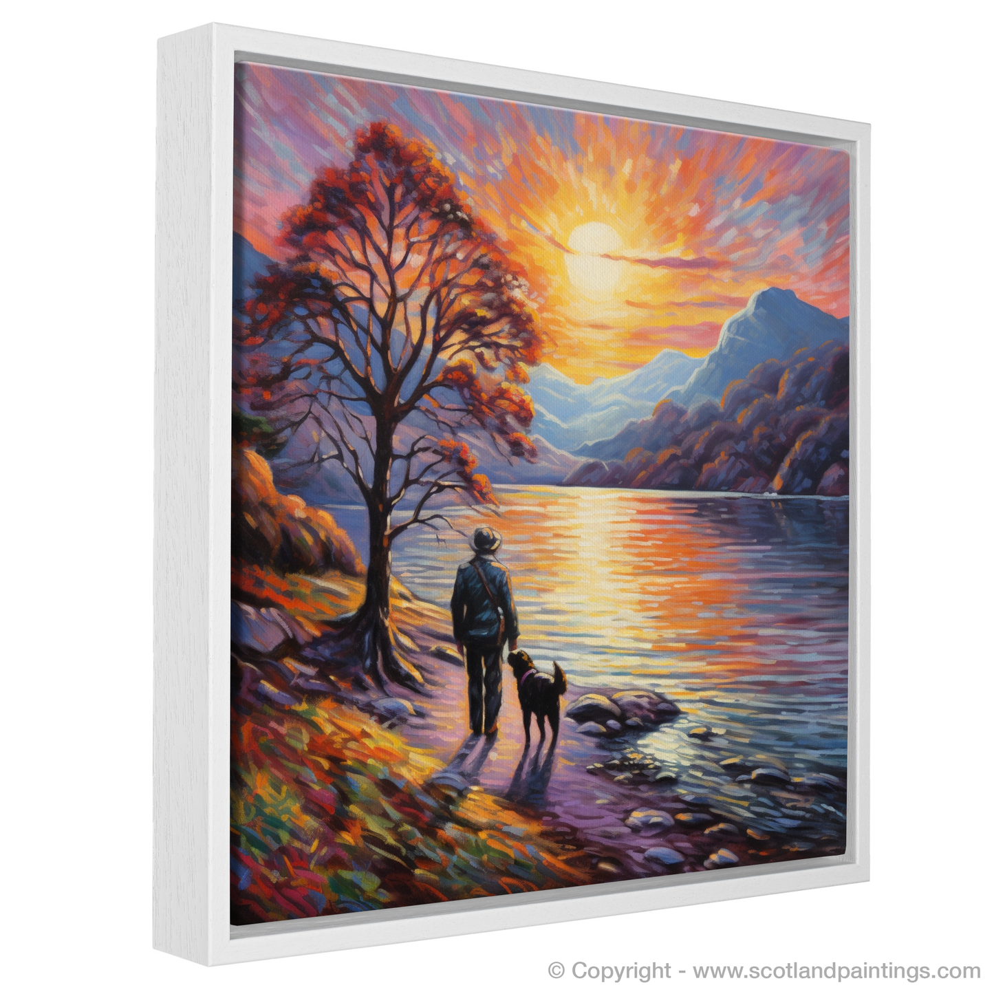 Painting and Art Print of A man walking dog at the side of Loch Lomond entitled "Strolling with Serenity at Sunset on Loch Lomond".