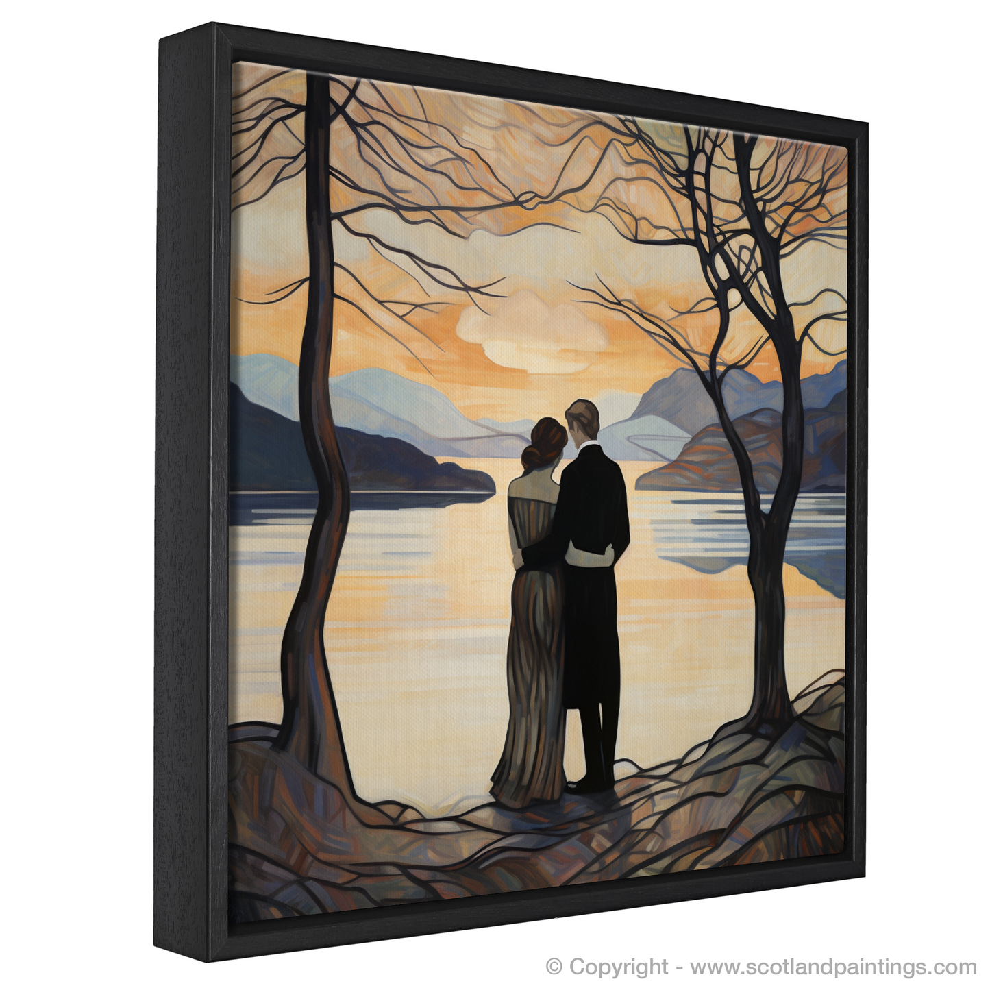 Painting and Art Print of A couple holding hands looking out on Loch Lomond entitled "Embracing the Beauty of Loch Lomond".