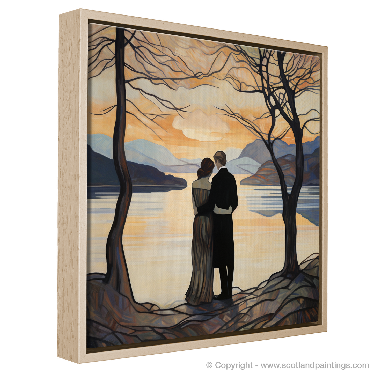 Painting and Art Print of A couple holding hands looking out on Loch Lomond entitled "Embracing the Beauty of Loch Lomond".