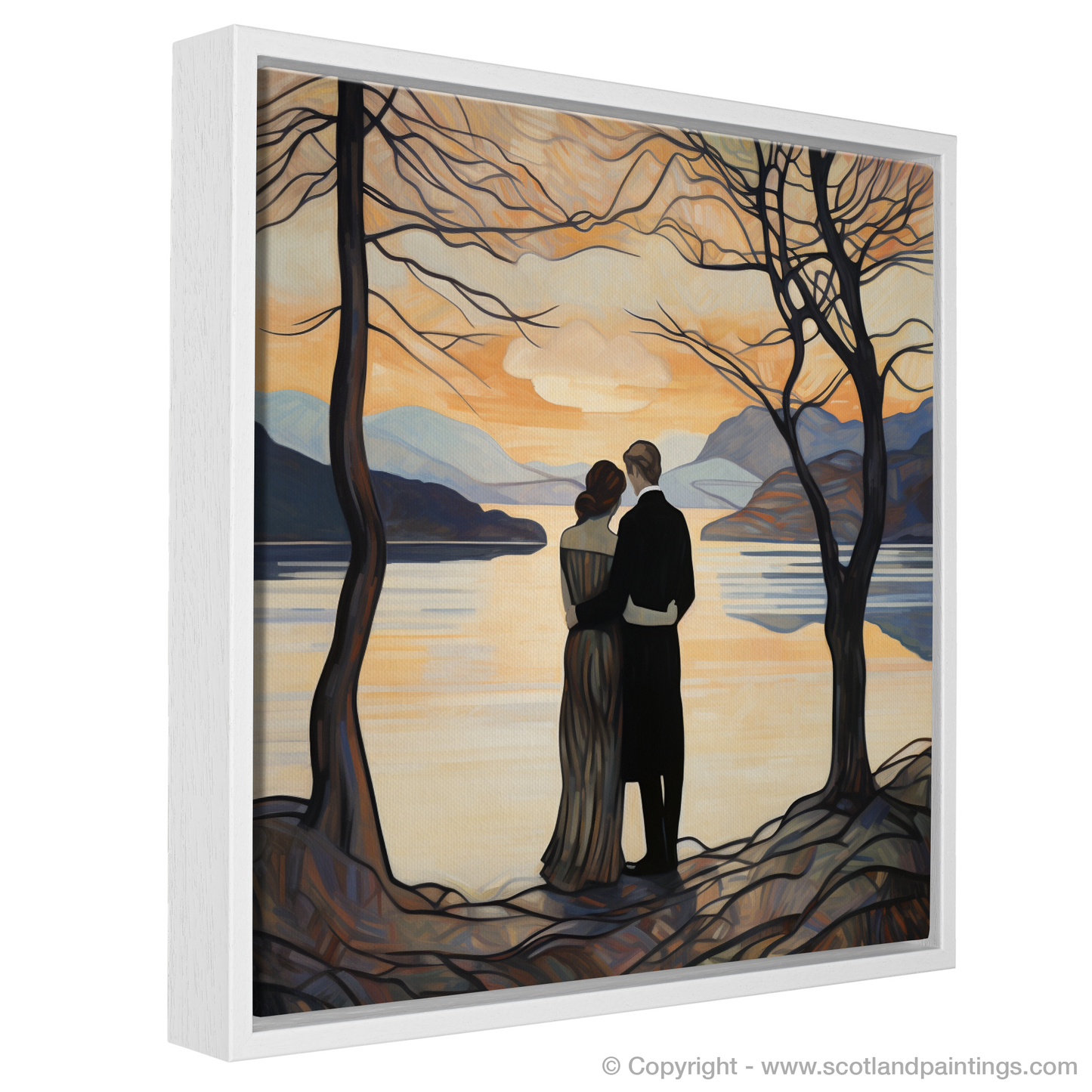 Painting and Art Print of A couple holding hands looking out on Loch Lomond entitled "Embracing the Beauty of Loch Lomond".