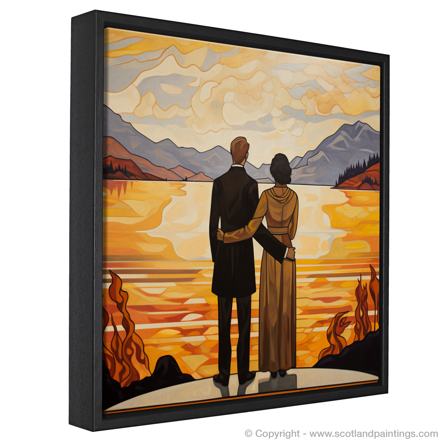 Painting and Art Print of A couple holding hands looking out on Loch Lomond entitled "Twilight Embrace by Loch Lomond".