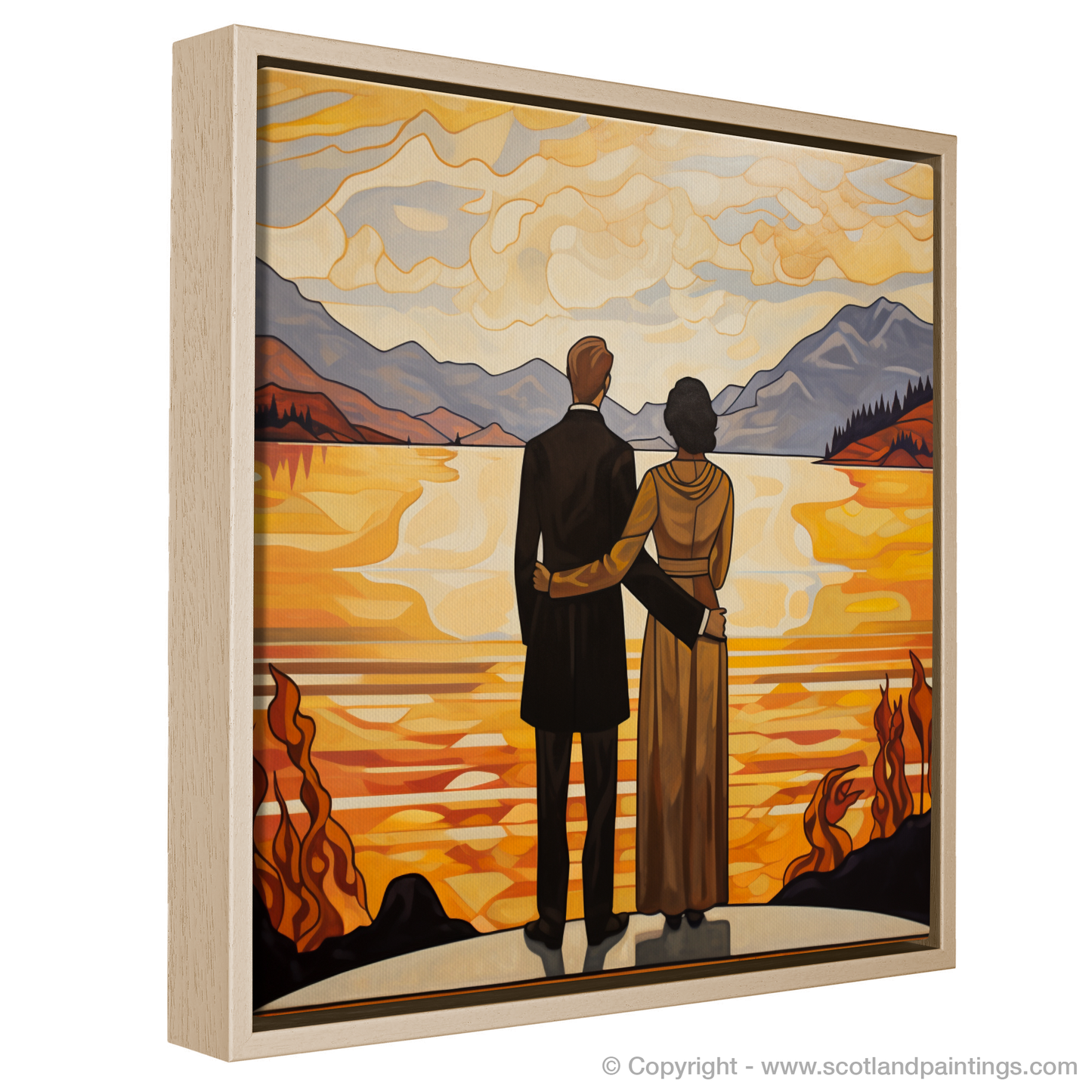 Painting and Art Print of A couple holding hands looking out on Loch Lomond entitled "Twilight Embrace by Loch Lomond".