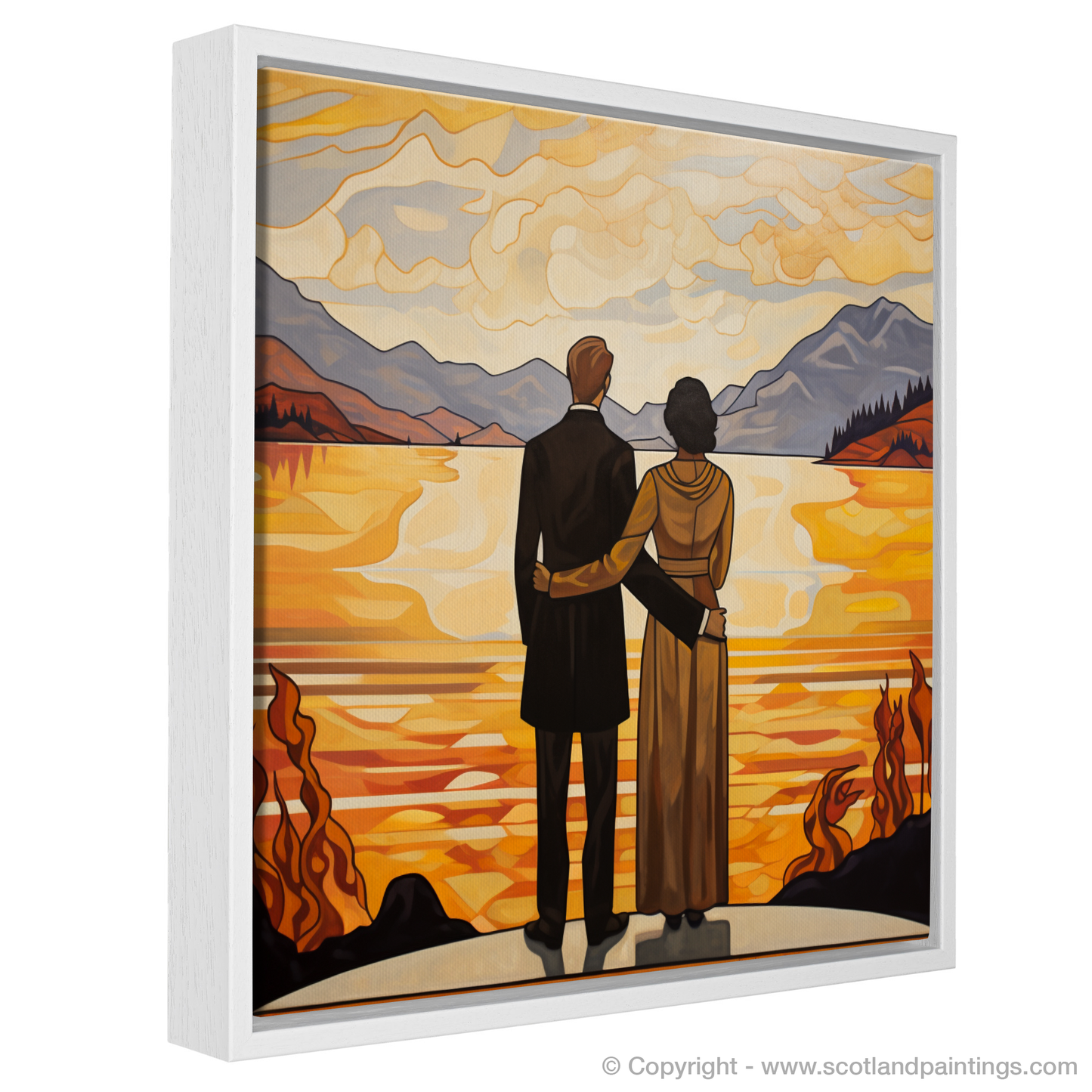 Painting and Art Print of A couple holding hands looking out on Loch Lomond entitled "Twilight Embrace by Loch Lomond".