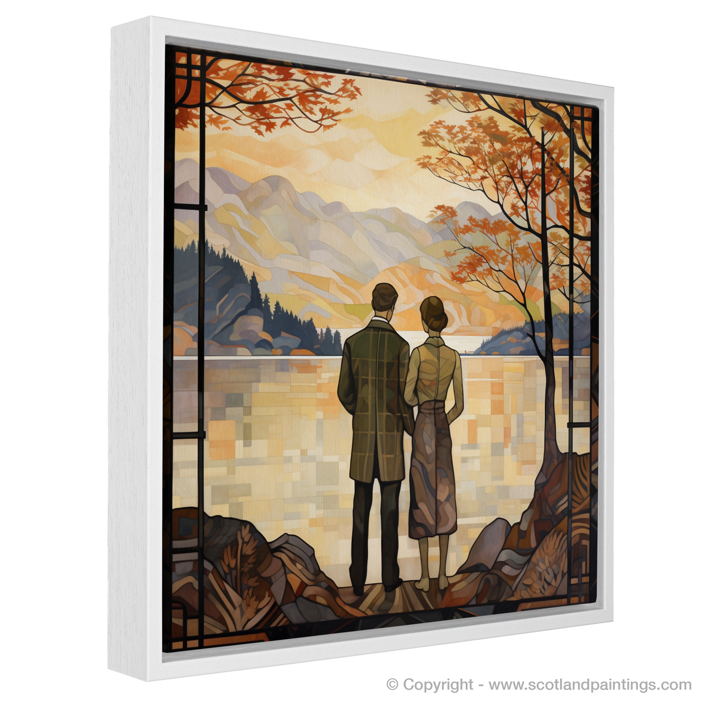 Painting and Art Print of A couple holding hands looking out on Loch Lomond entitled "Autumn Embrace at Loch Lomond - An Art Nouveau Enchantment".