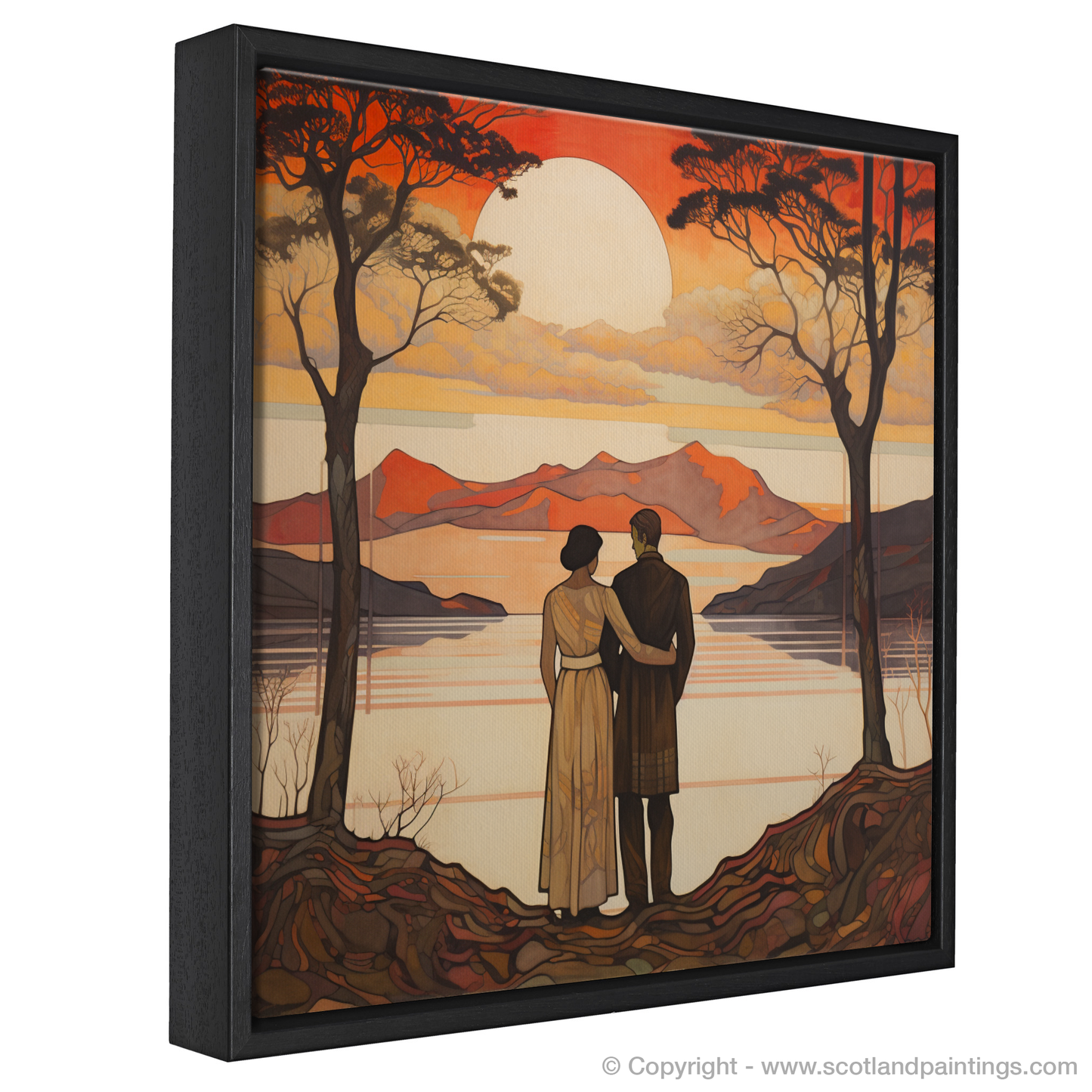 Painting and Art Print of A couple holding hands looking out on Loch Lomond entitled "Embrace at Dusk: A Loch Lomond Idyll".