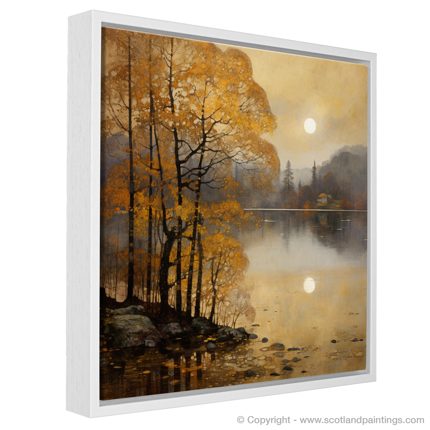 Painting and Art Print of Misty morning on Loch Lomond entitled "Misty Morning Majesty: An Art Nouveau Tribute to Loch Lomond".