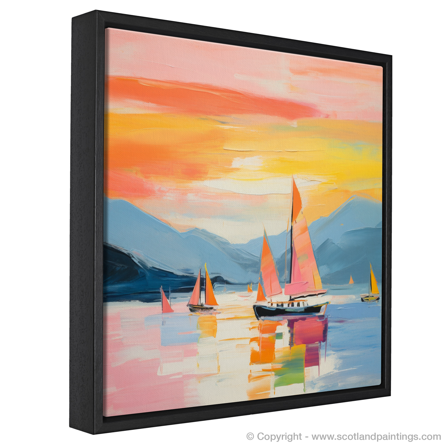 Painting and Art Print of Sailing boats on Loch Lomond at sunset entitled "Sailing into Sunset Serenity on Loch Lomond".