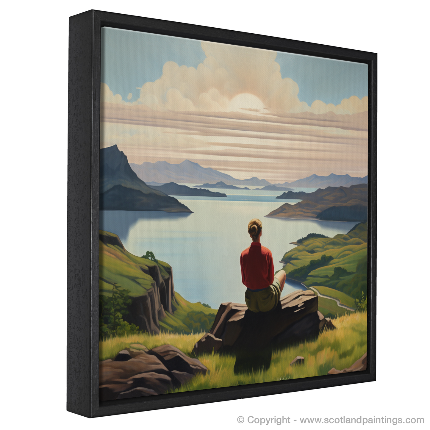 Painting and Art Print of Two hikers looking out on Loch Lomond entitled "Hikers' Reprieve at Loch Lomond".