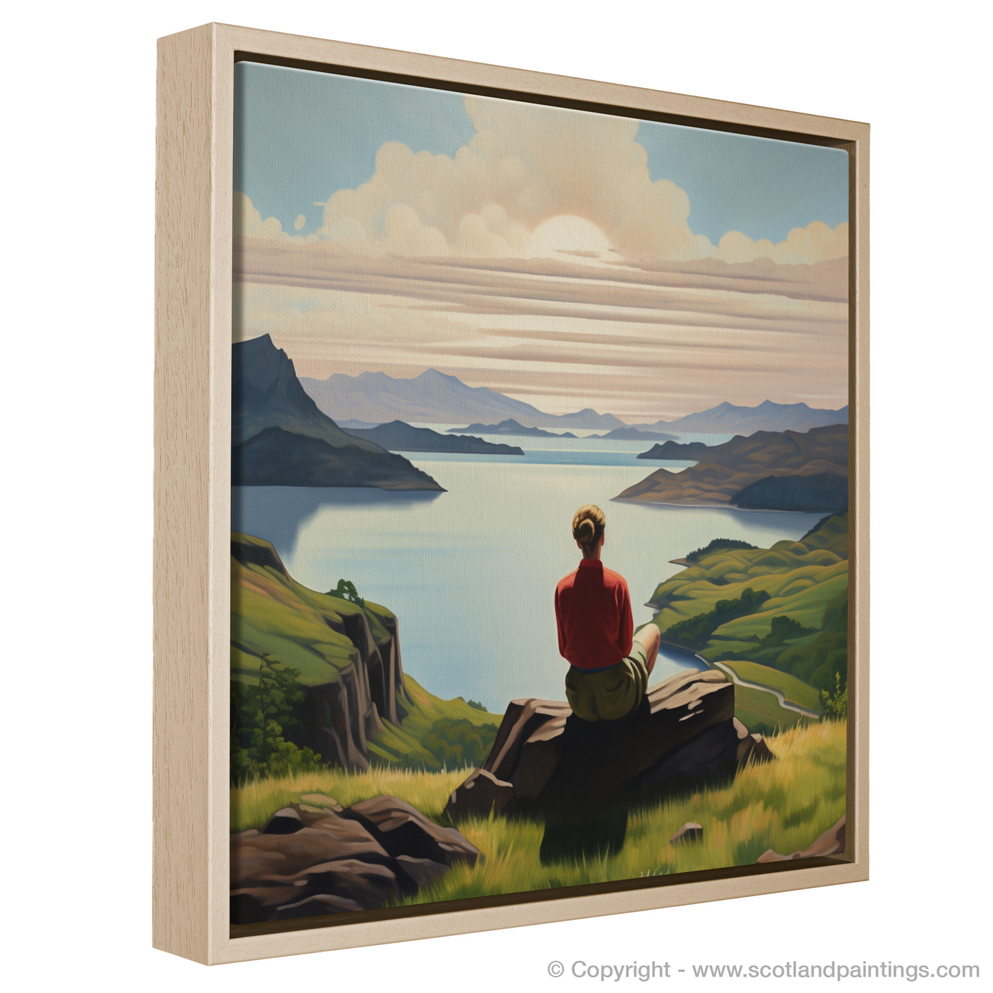 Painting and Art Print of Two hikers looking out on Loch Lomond entitled "Hikers' Reprieve at Loch Lomond".