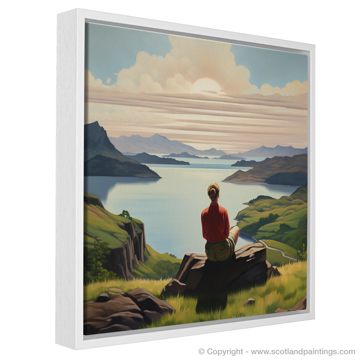 Painting and Art Print of Two hikers looking out on Loch Lomond entitled "Hikers' Reprieve at Loch Lomond".