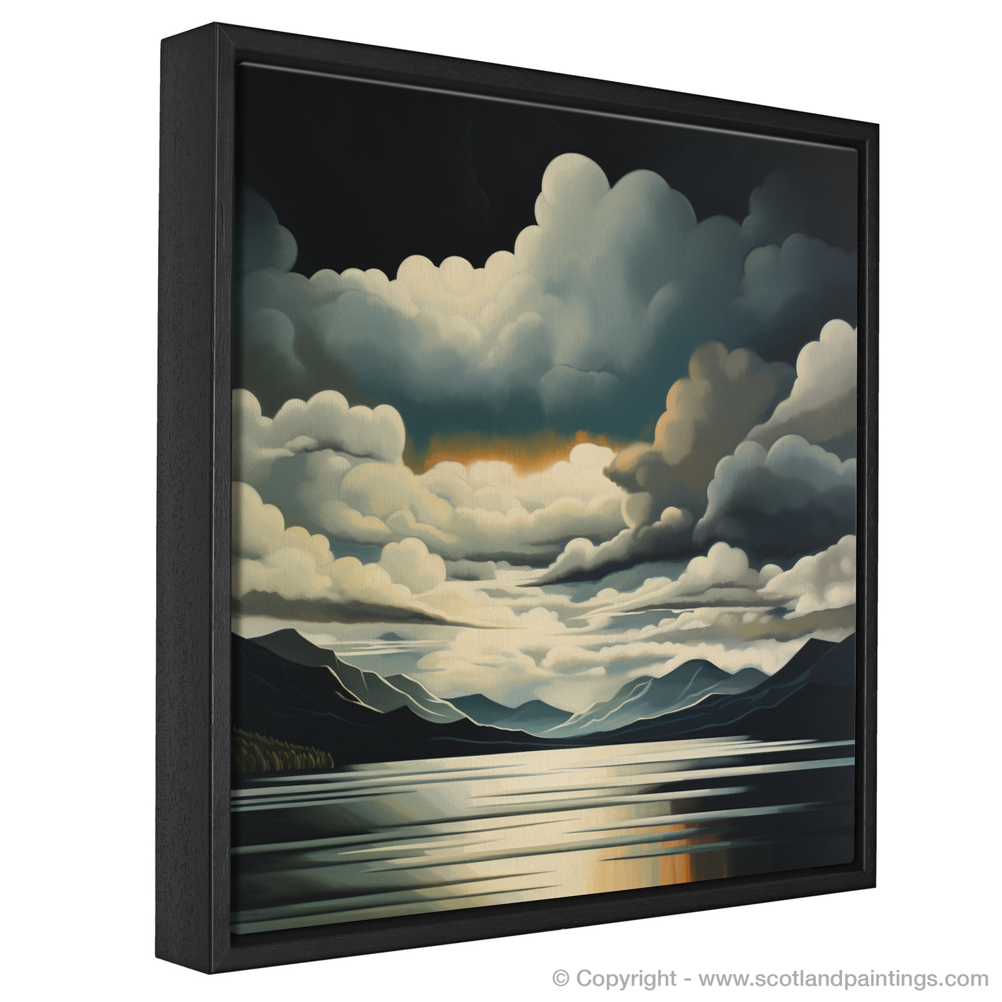 Painting and Art Print of Storm clouds above Loch Lomond entitled "Storm's Embrace over Loch Lomond".