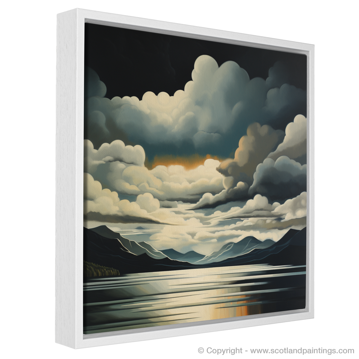 Painting and Art Print of Storm clouds above Loch Lomond entitled "Storm's Embrace over Loch Lomond".