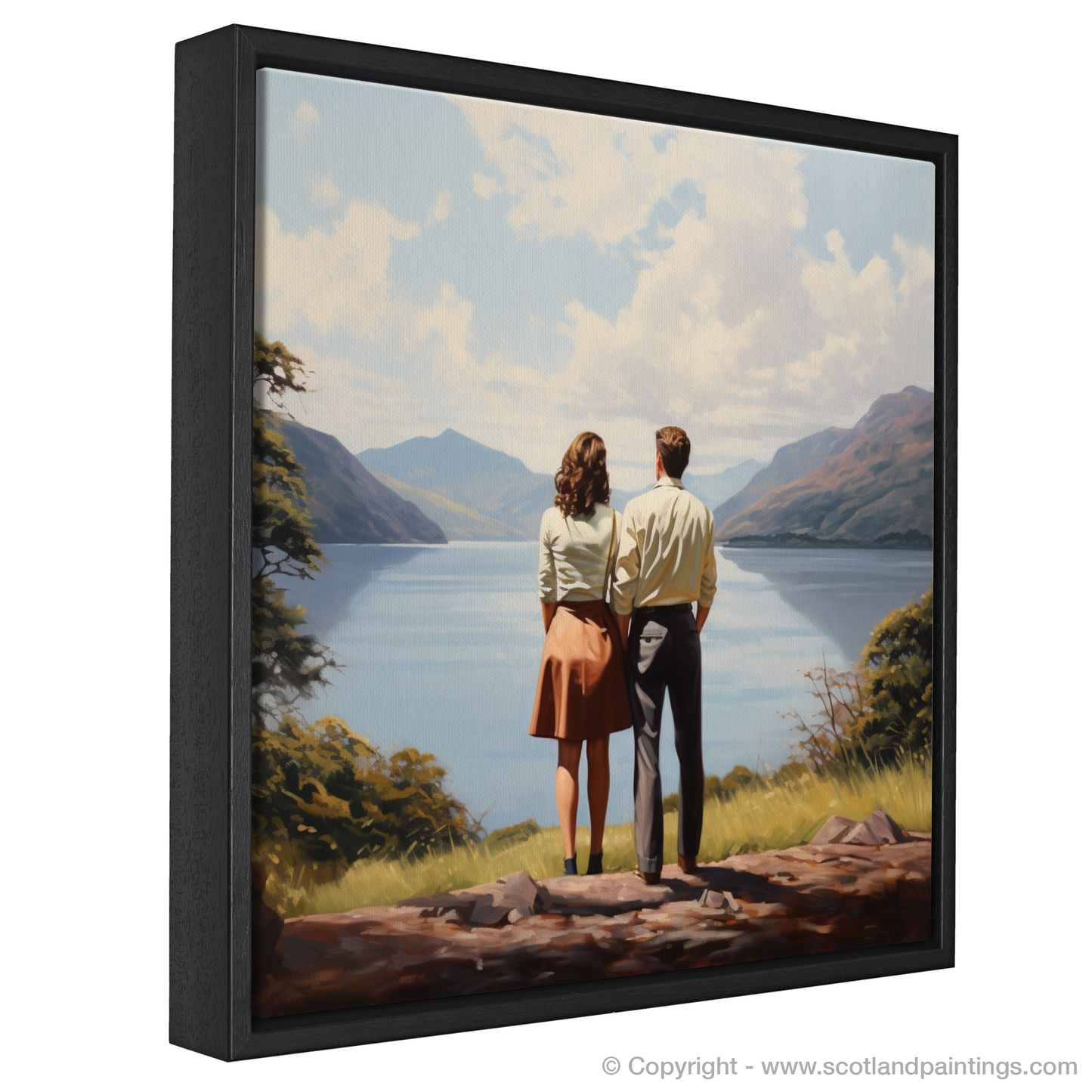 Painting and Art Print of A couple holding hands looking out on Loch Lomond entitled "Hand in Hand at Loch Lomond".