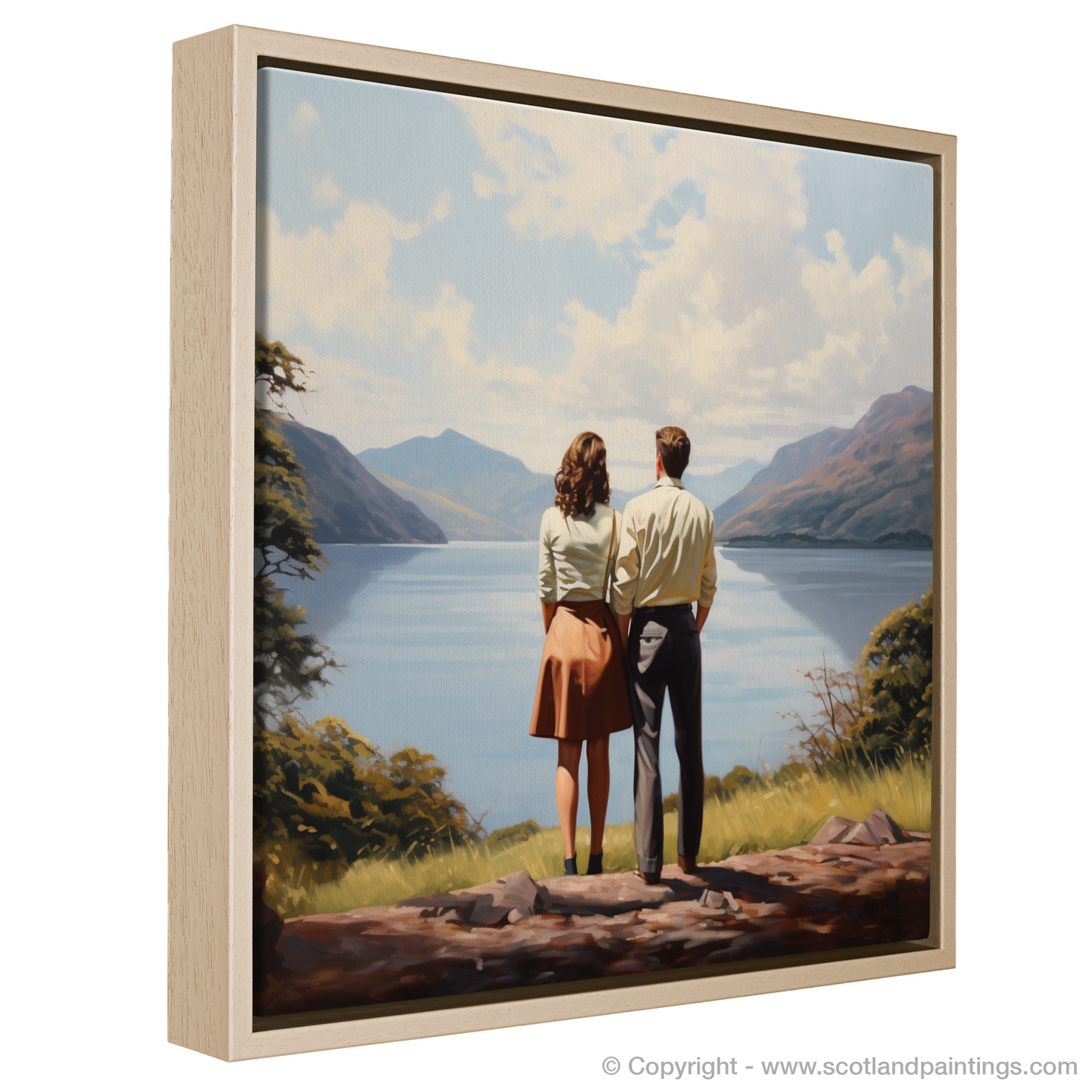 Painting and Art Print of A couple holding hands looking out on Loch Lomond entitled "Hand in Hand at Loch Lomond".