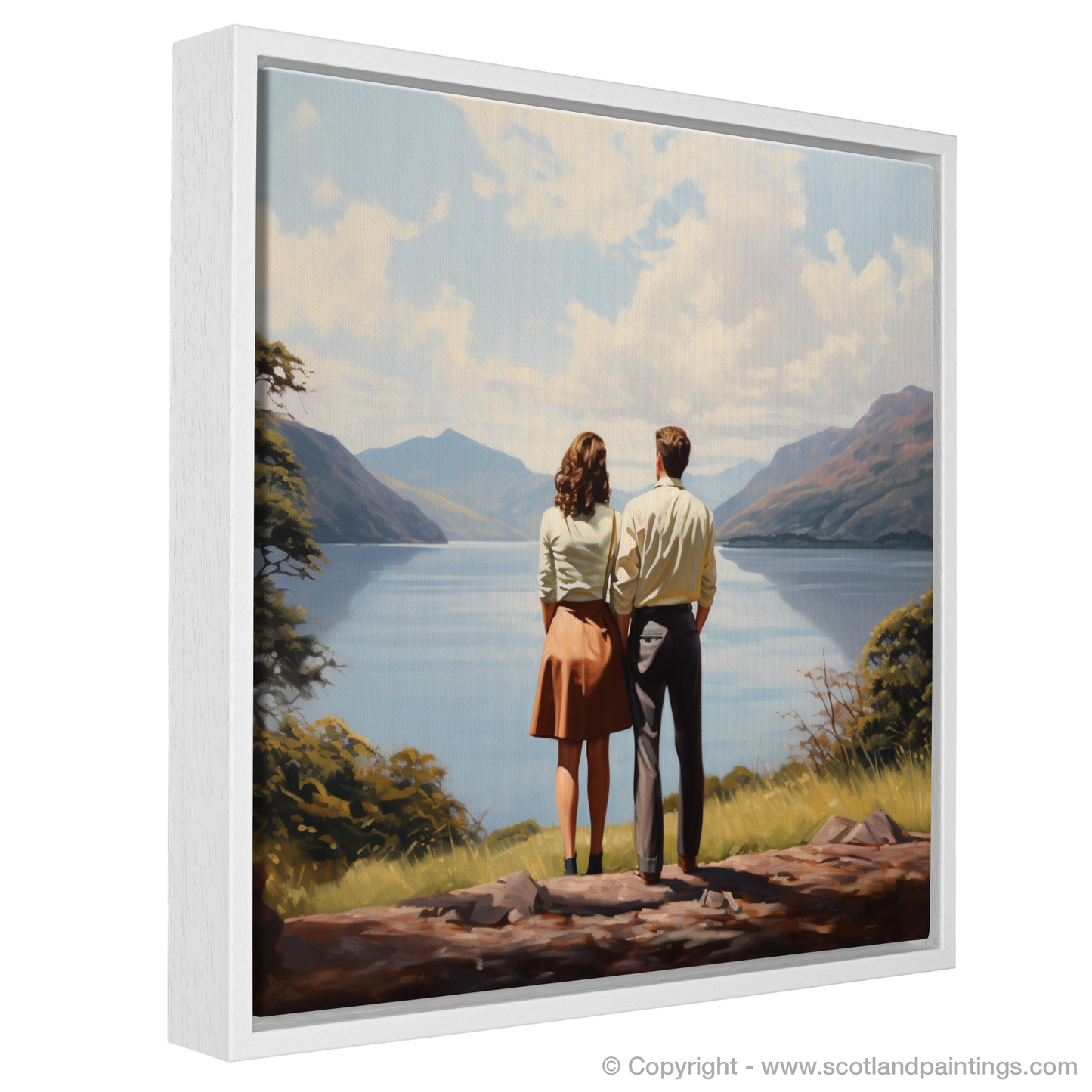 Painting and Art Print of A couple holding hands looking out on Loch Lomond entitled "Hand in Hand at Loch Lomond".