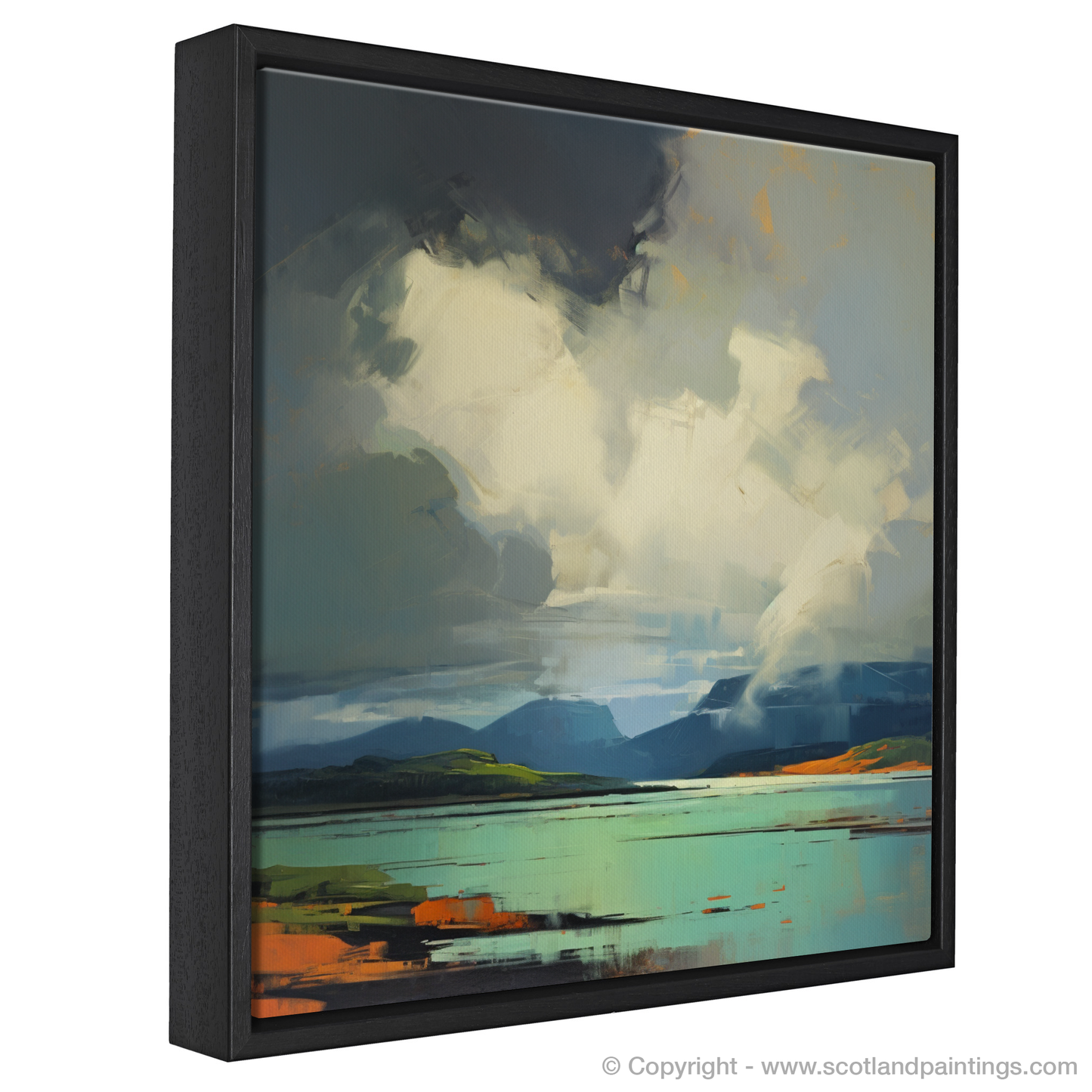 Painting and Art Print of Storm clouds above Loch Lomond entitled "Storm Over Loch Lomond: A Symphony of Light and Shadow".