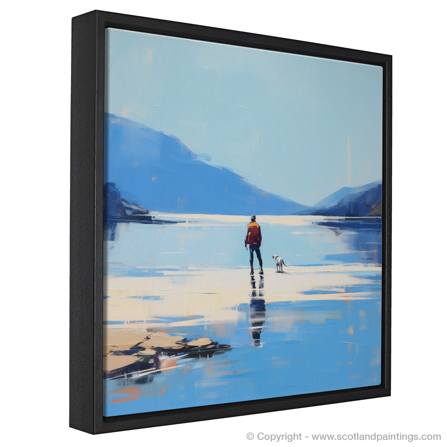 Painting and Art Print of A man walking dog at the side of Loch Lomond entitled "Stroll by the Shores of Loch Lomond".