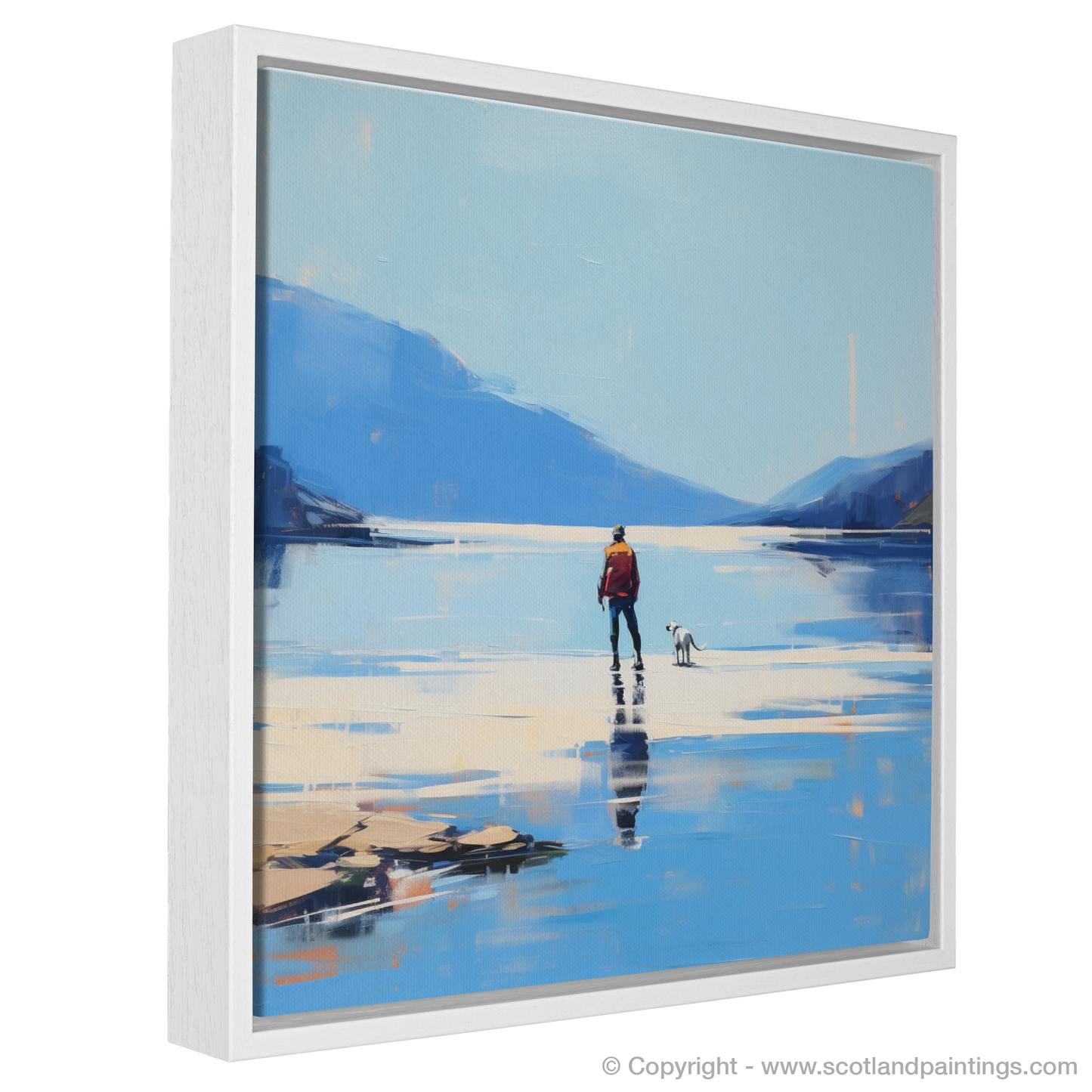 Painting and Art Print of A man walking dog at the side of Loch Lomond entitled "Stroll by the Shores of Loch Lomond".