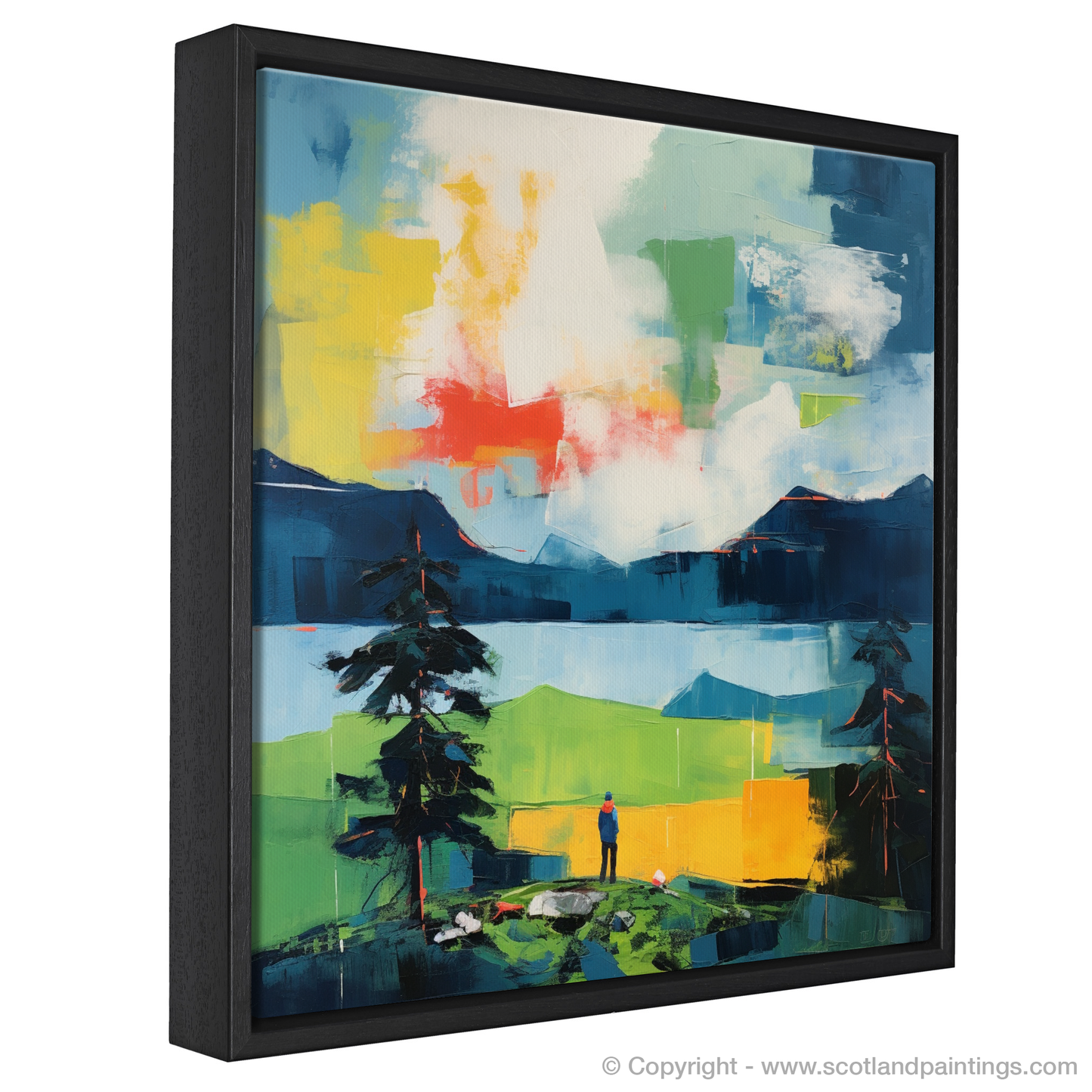 Painting and Art Print of Two hikers looking out on Loch Lomond entitled "Highland Reverie: An Abstract Impression of Loch Lomond".