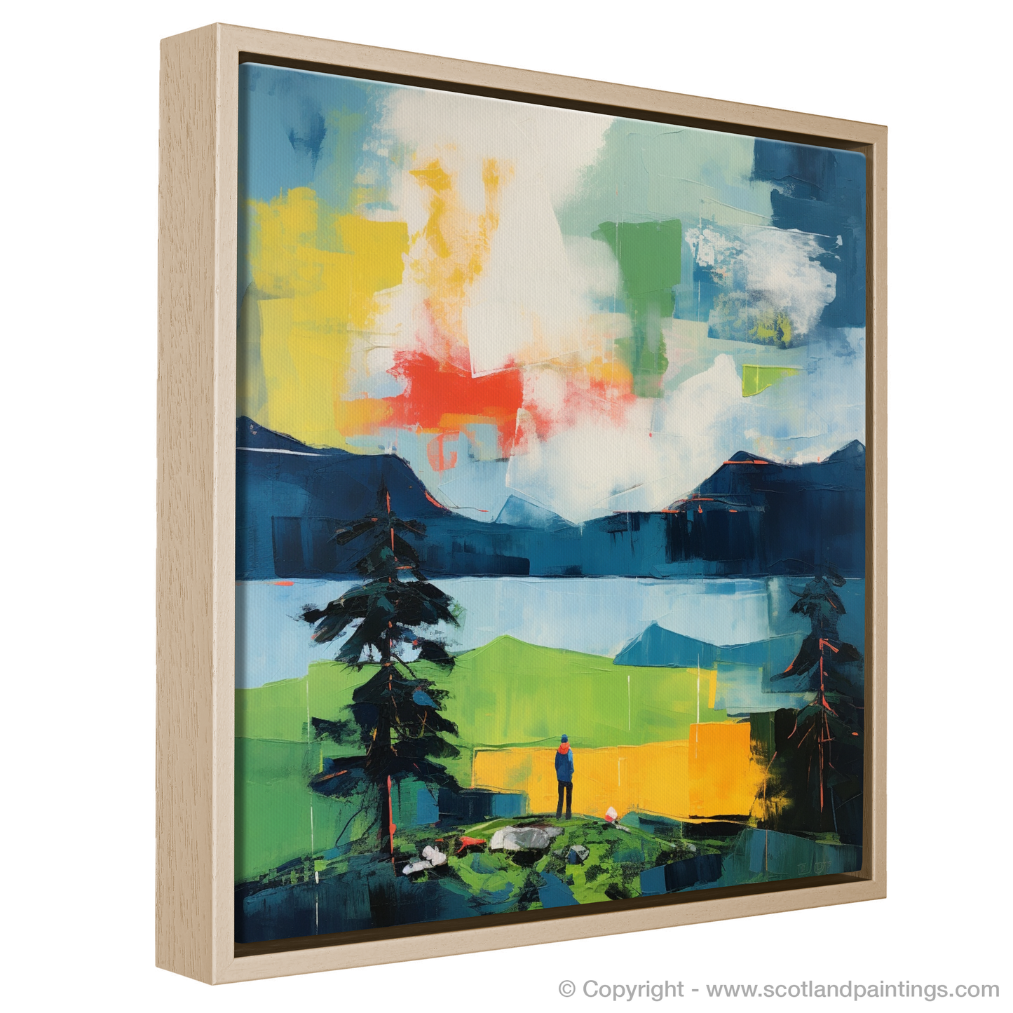 Painting and Art Print of Two hikers looking out on Loch Lomond entitled "Highland Reverie: An Abstract Impression of Loch Lomond".