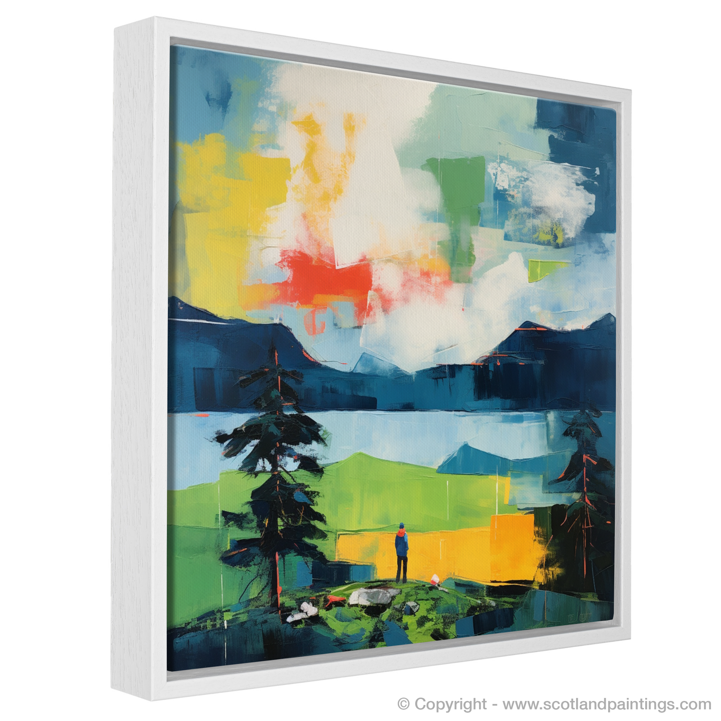 Painting and Art Print of Two hikers looking out on Loch Lomond entitled "Highland Reverie: An Abstract Impression of Loch Lomond".