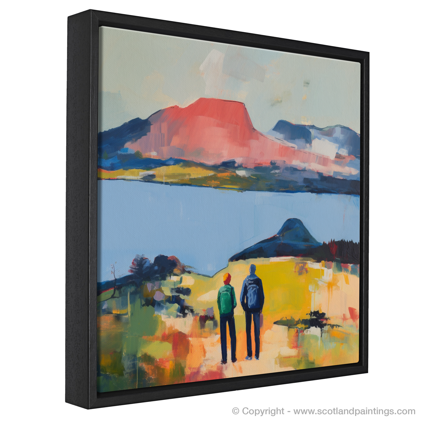 Painting and Art Print of Two hikers looking out on Loch Lomond entitled "Loch Lomond Serenity: An Abstract Exploration".
