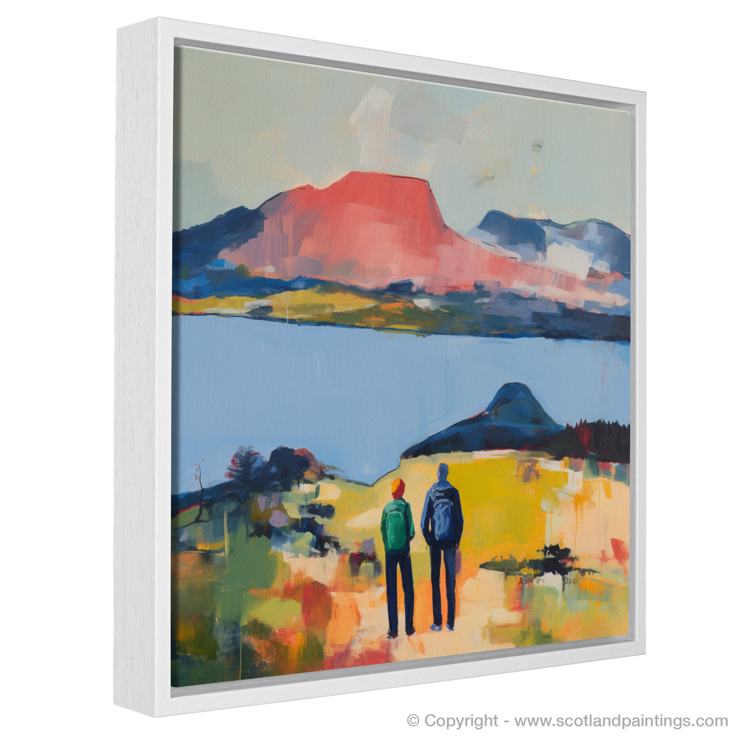 Painting and Art Print of Two hikers looking out on Loch Lomond entitled "Loch Lomond Serenity: An Abstract Exploration".