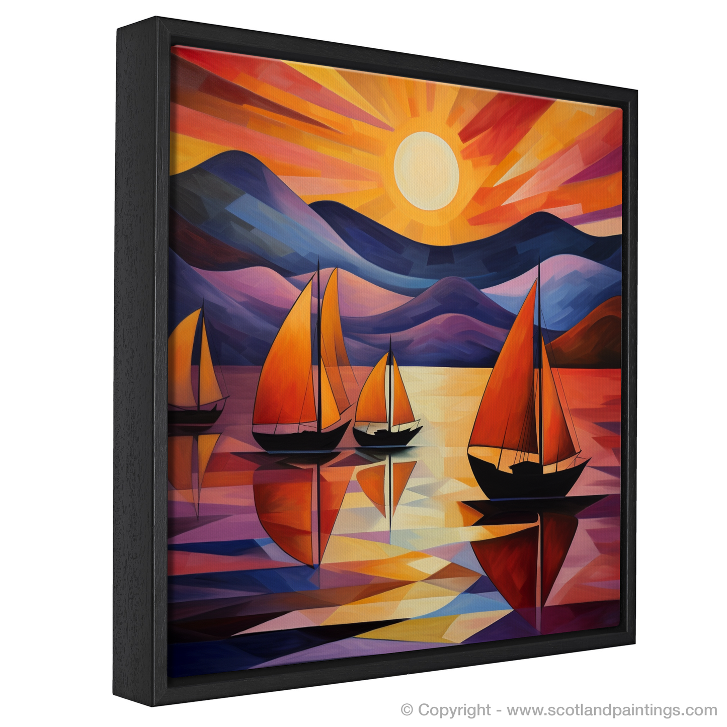 Painting and Art Print of Sailing boats on Loch Lomond at sunset entitled "Sailing into Sunset on Loch Lomond".