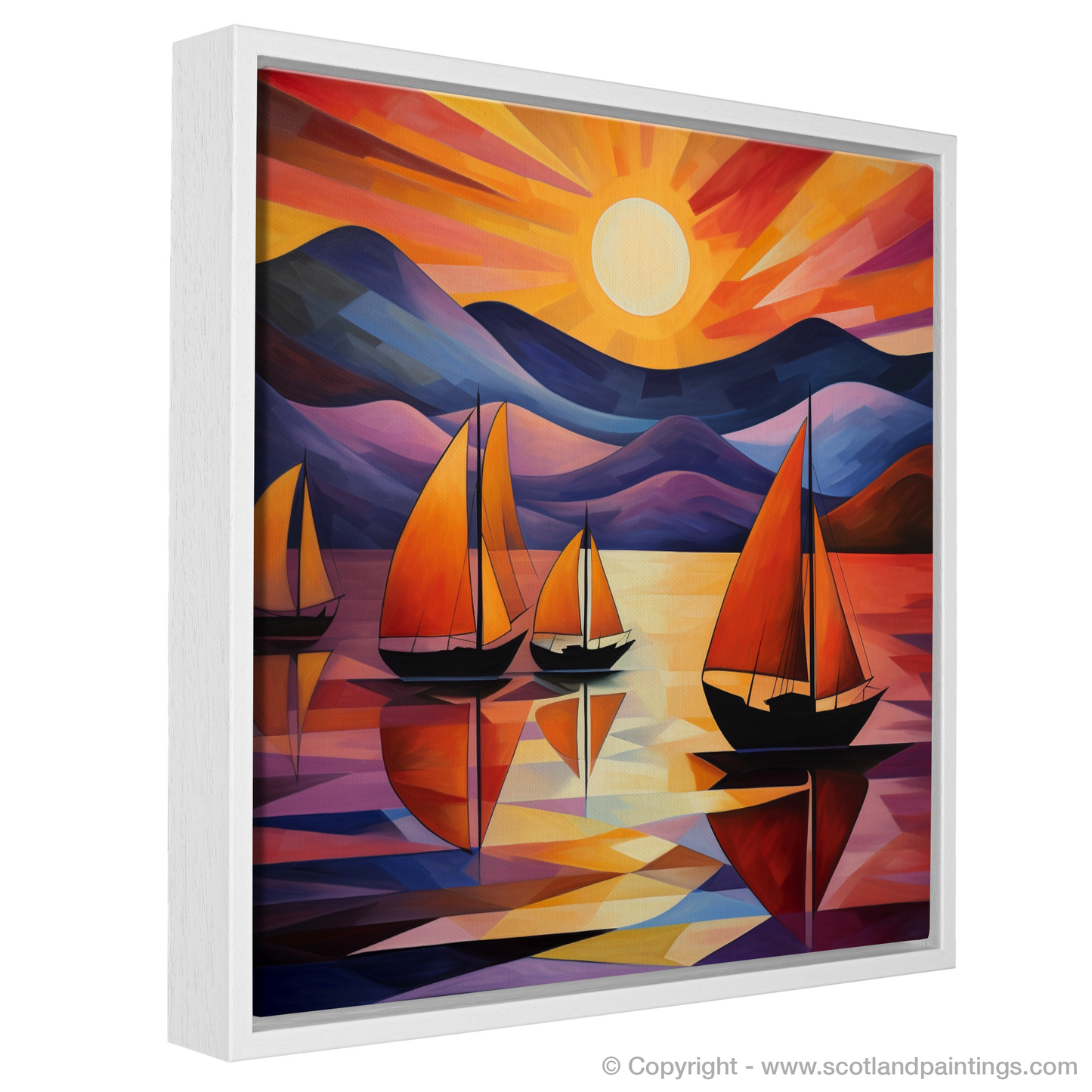 Painting and Art Print of Sailing boats on Loch Lomond at sunset entitled "Sailing into Sunset on Loch Lomond".