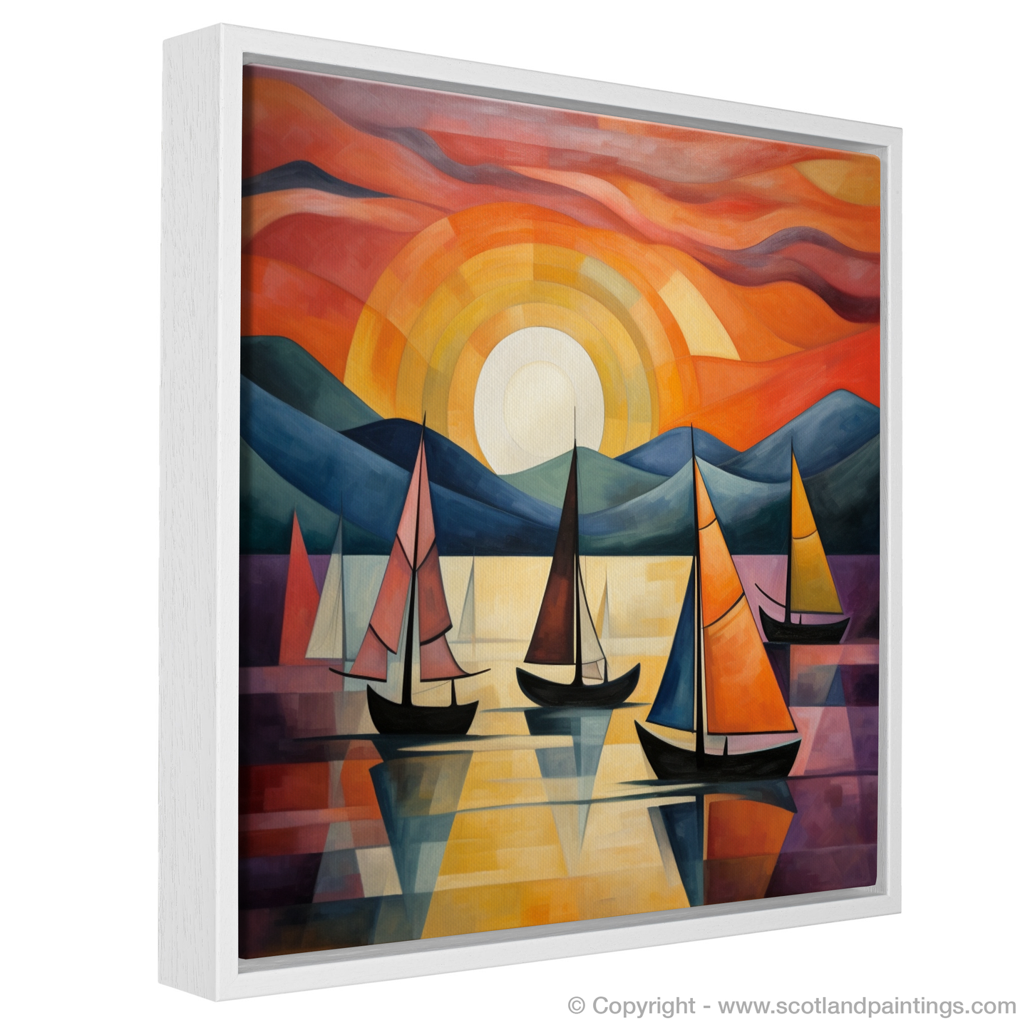 Painting and Art Print of Sailing boats on Loch Lomond at sunset entitled "Sailing into Sunset Serenity on Loch Lomond".