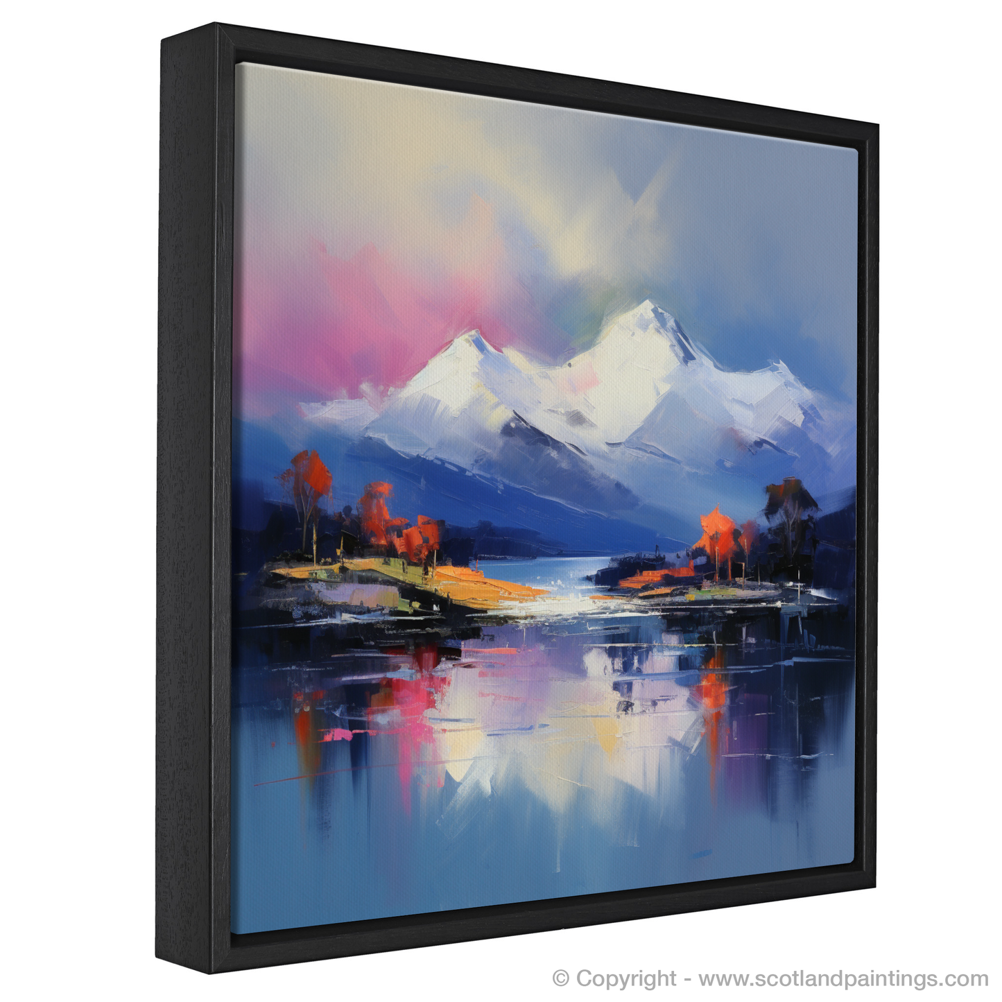 Painting and Art Print of Snow-capped peaks overlooking Loch Lomond entitled "Snow-capped Serenity: An Expressionist Ode to Loch Lomond".