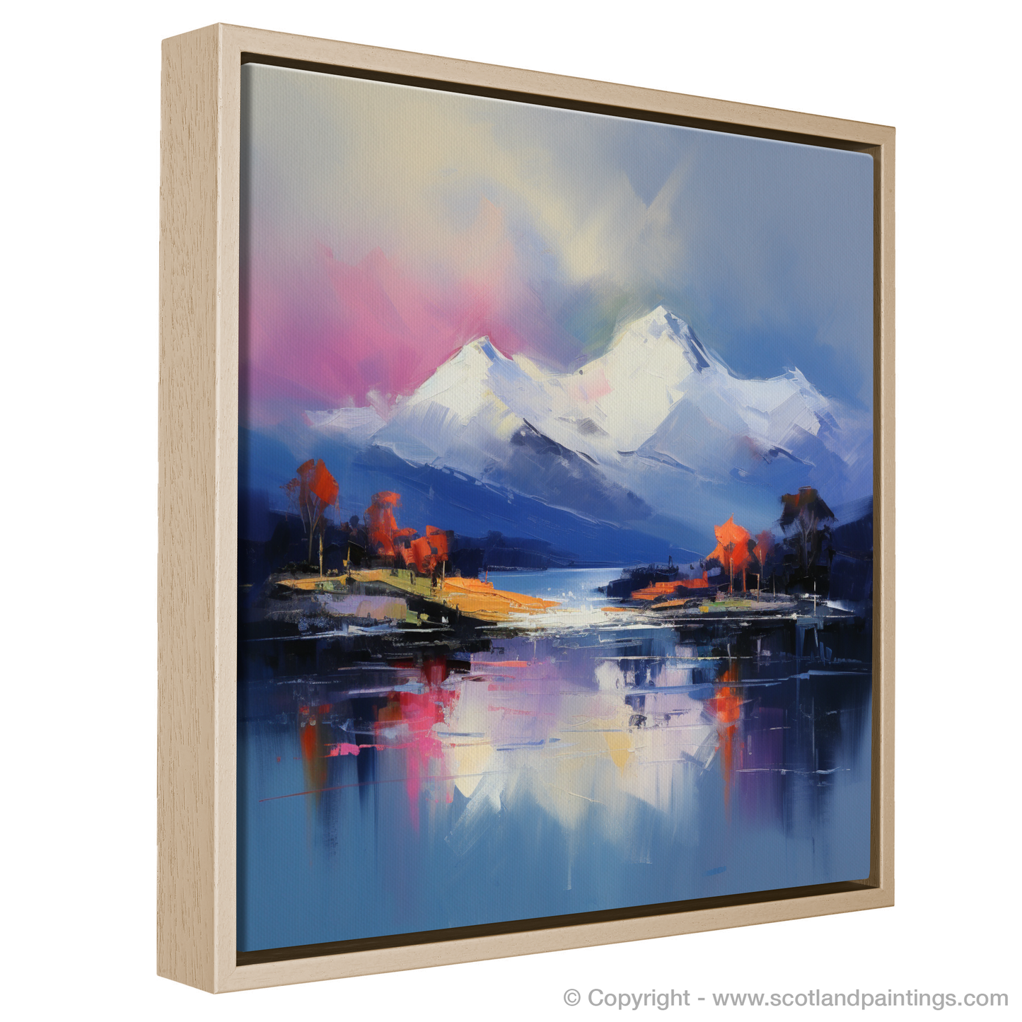 Painting and Art Print of Snow-capped peaks overlooking Loch Lomond entitled "Snow-capped Serenity: An Expressionist Ode to Loch Lomond".