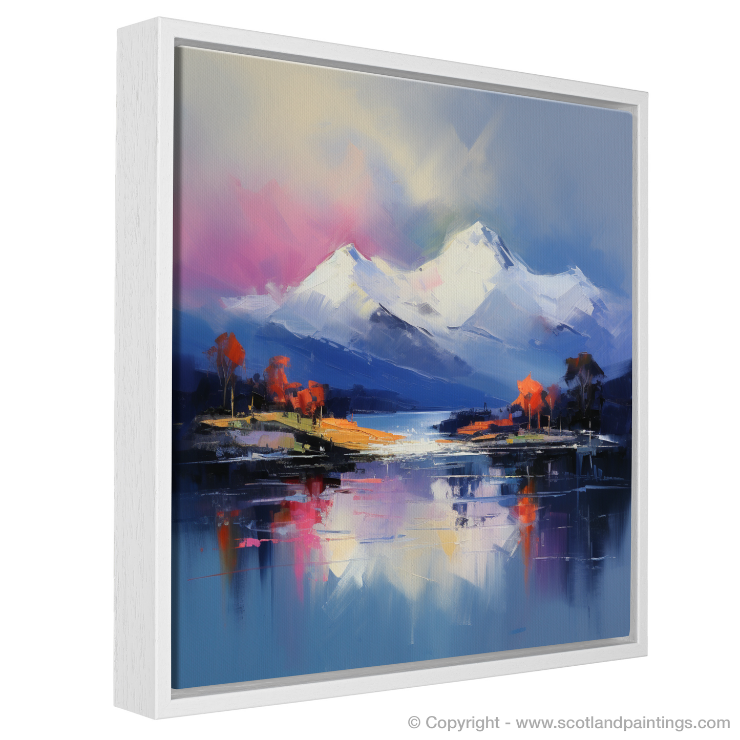 Painting and Art Print of Snow-capped peaks overlooking Loch Lomond entitled "Snow-capped Serenity: An Expressionist Ode to Loch Lomond".