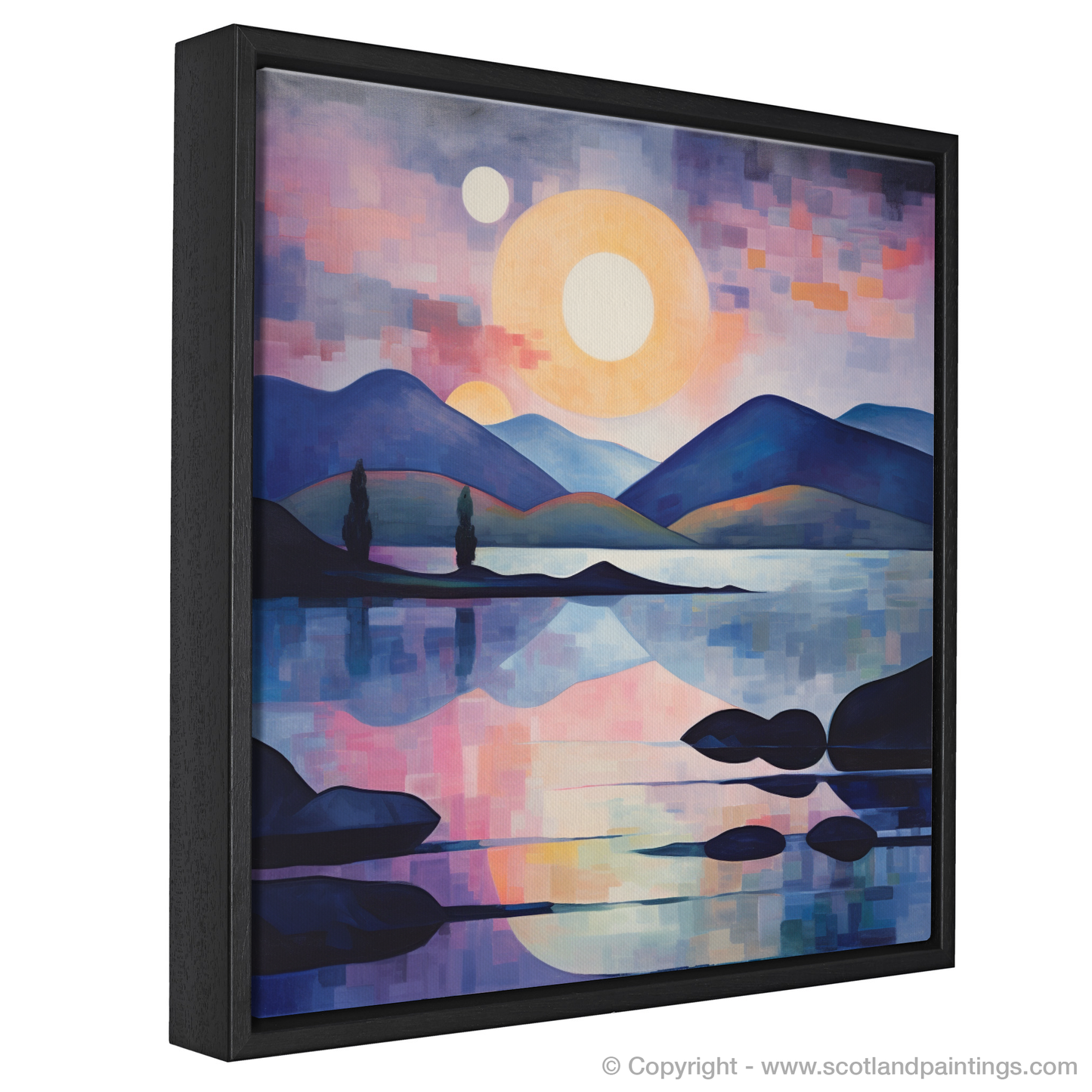 Painting and Art Print of Twilight reflections on Loch Lomond. Twilight Reflections: An Abstract Dance of Light on Loch Lomond.