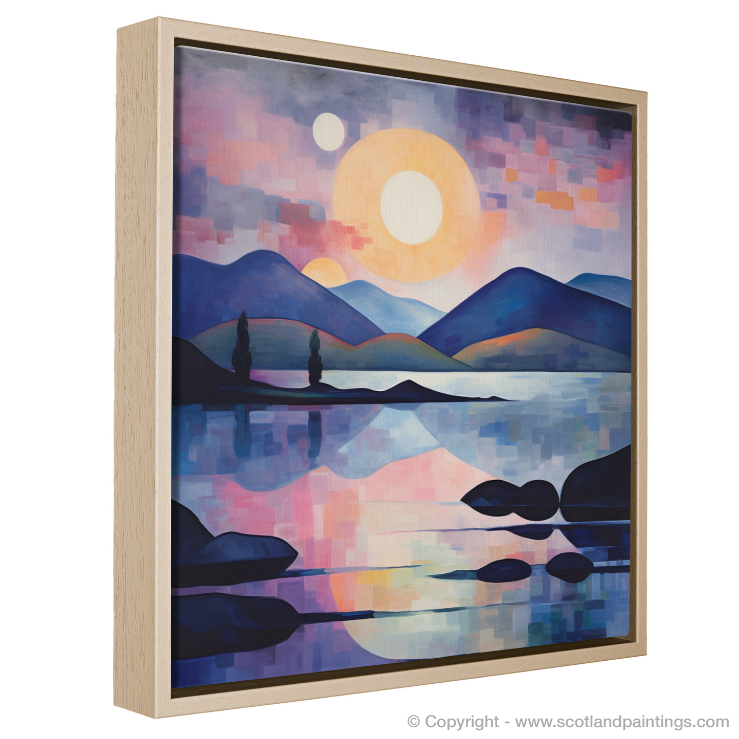 Painting and Art Print of Twilight reflections on Loch Lomond. Twilight Reflections: An Abstract Dance of Light on Loch Lomond.