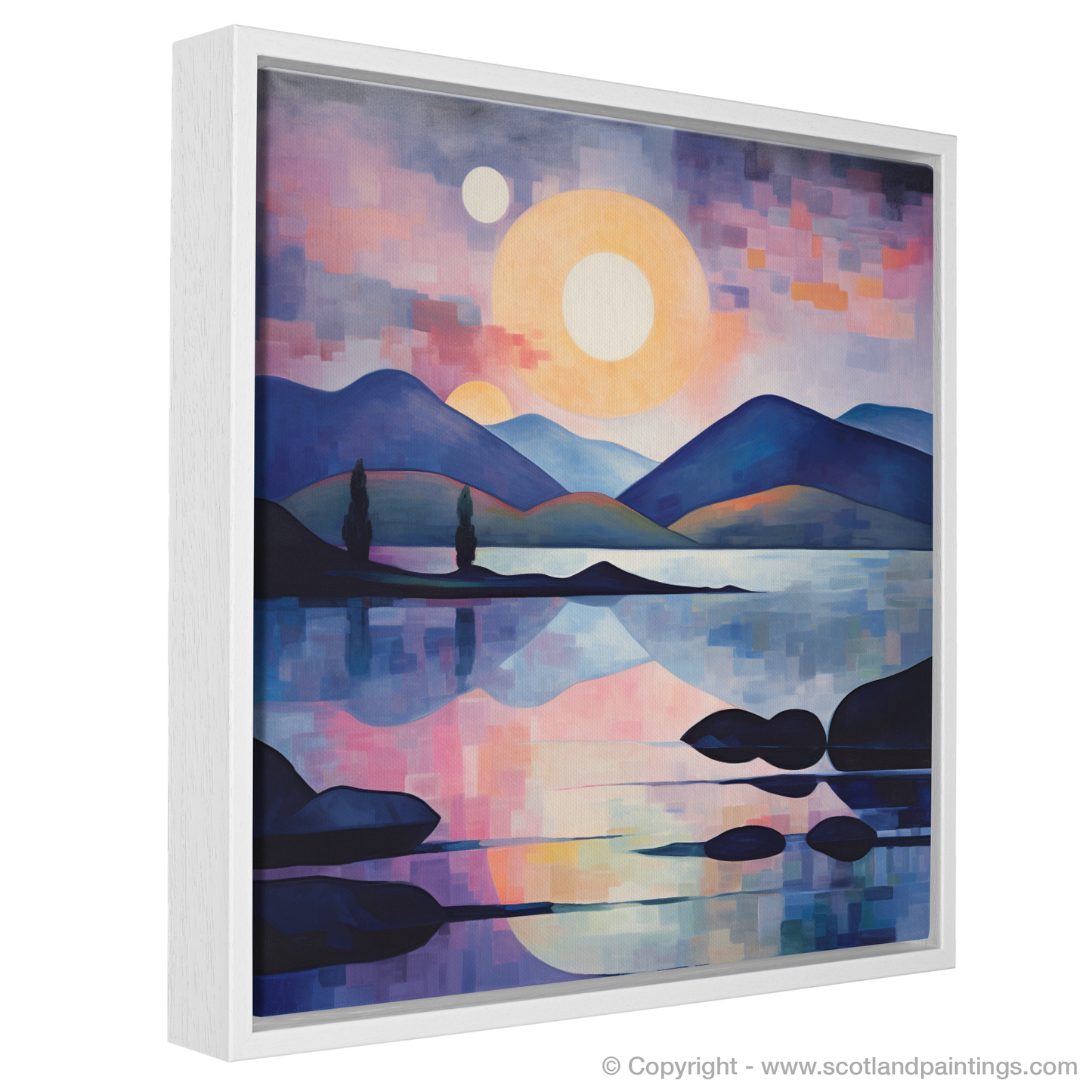 Painting and Art Print of Twilight reflections on Loch Lomond. Twilight Reflections: An Abstract Dance of Light on Loch Lomond.