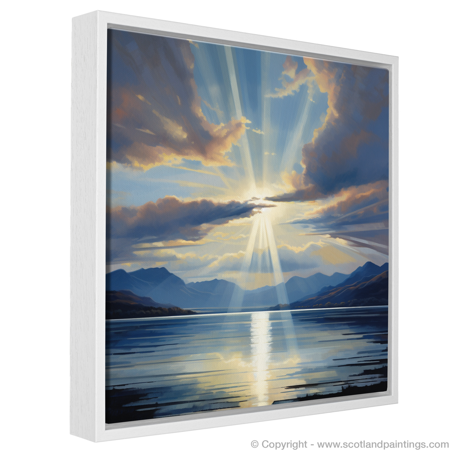 Painting and Art Print of Crepuscular rays above Loch Lomond entitled "Crepuscular Rays over Loch Lomond: A Celestial Glow".
