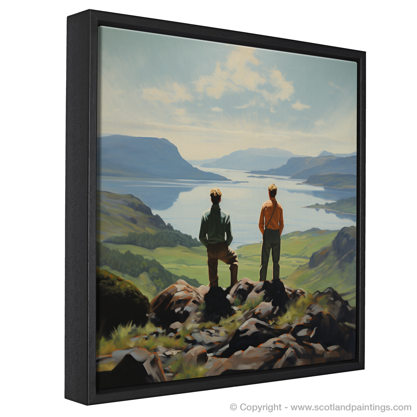 Painting and Art Print of Two hikers looking out on Loch Lomond entitled "Reflections on Loch Lomond: A Hiker's View".